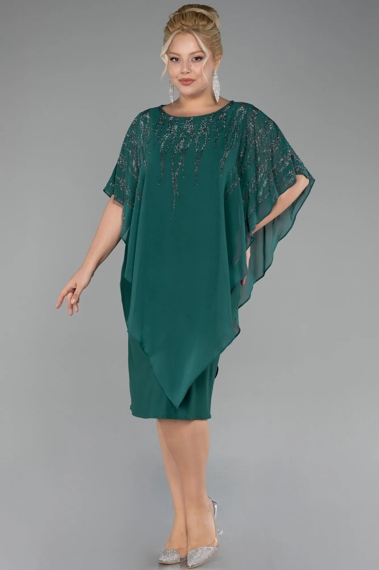 Emerald Green-Stoned Short Sleeve Chiffon Midi Plus Size Evening Dress ABK2133