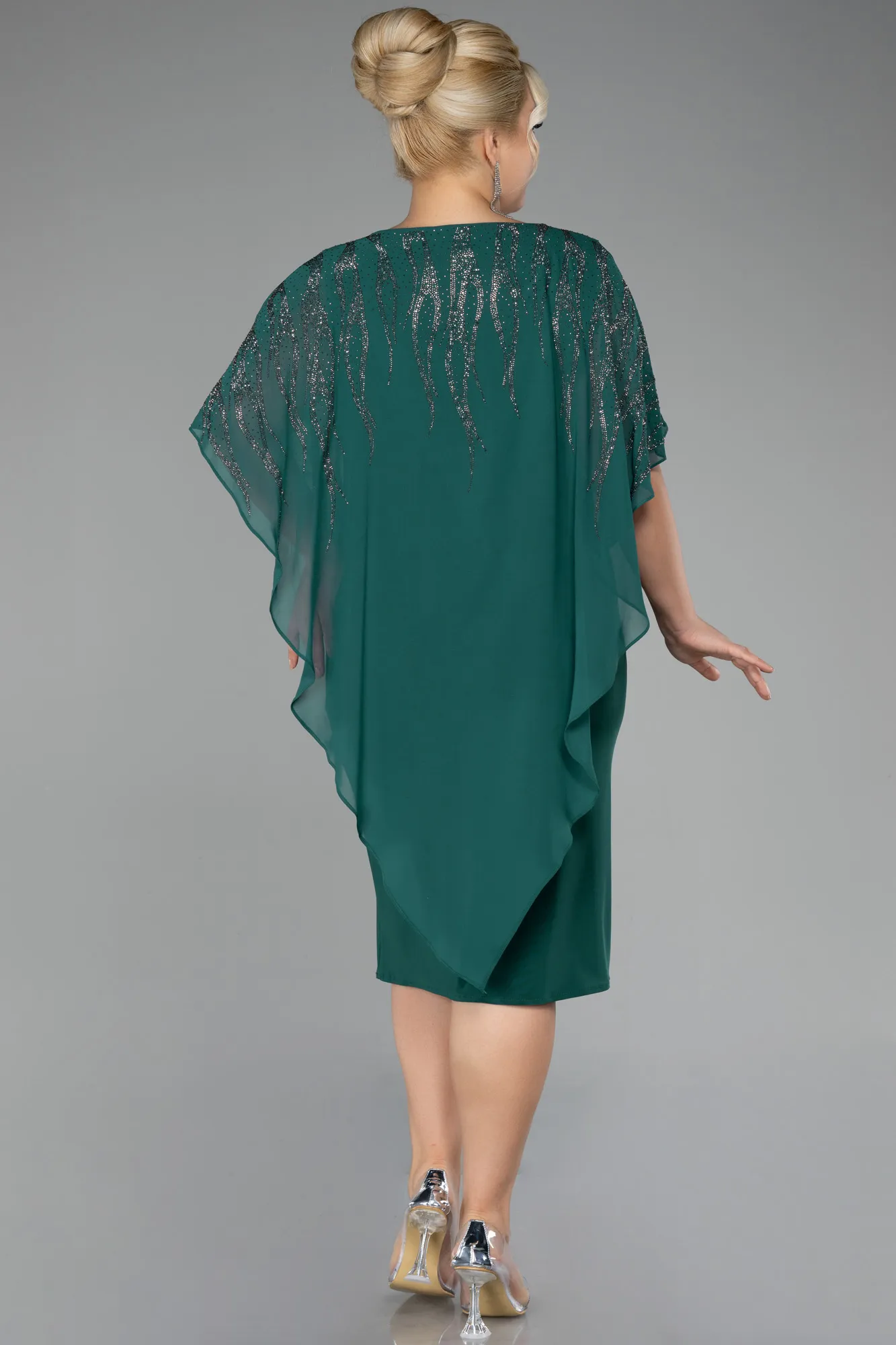 Emerald Green-Stoned Short Sleeve Chiffon Midi Plus Size Evening Dress ABK2133