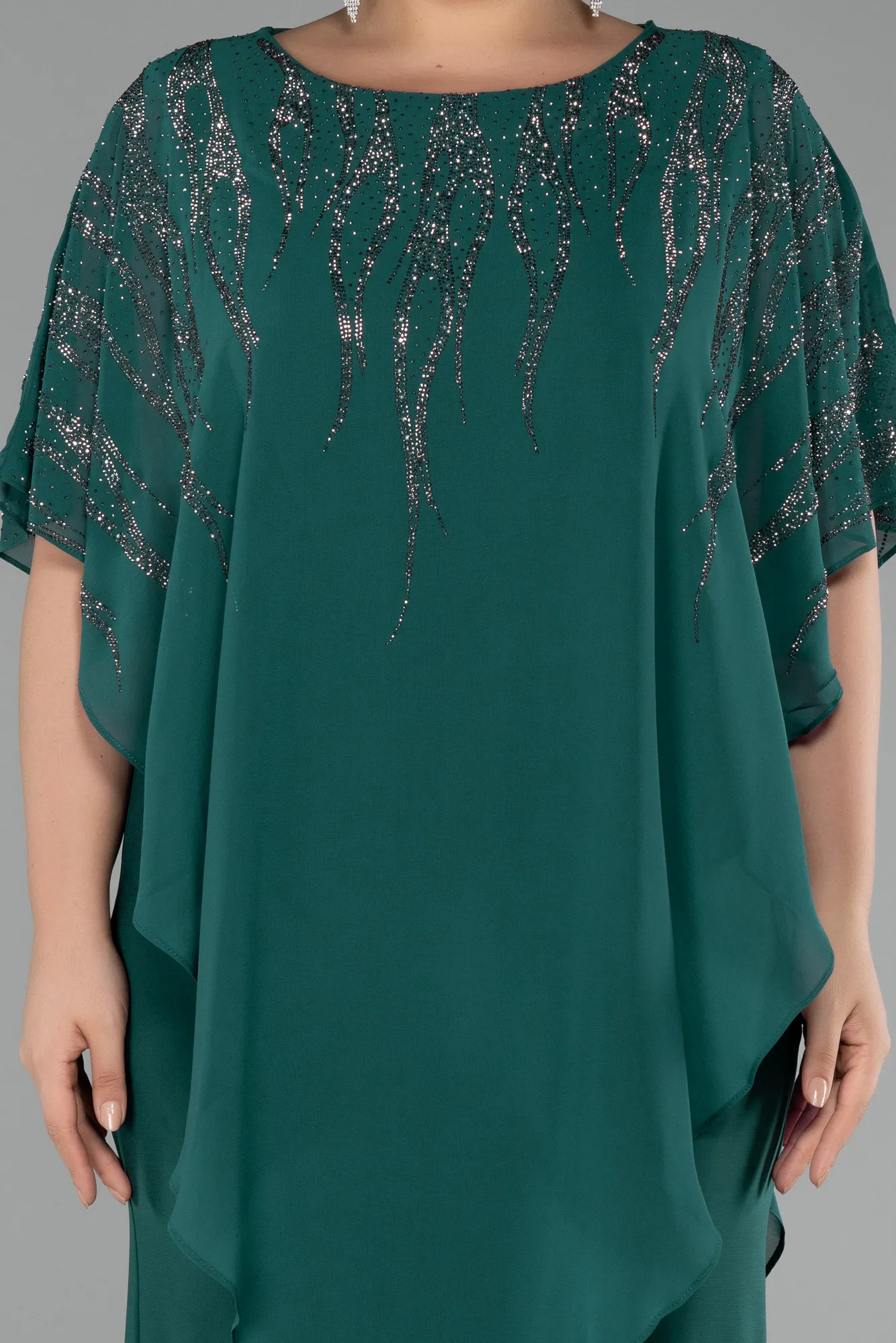 Emerald Green-Stoned Short Sleeve Chiffon Midi Plus Size Evening Dress ABK2133