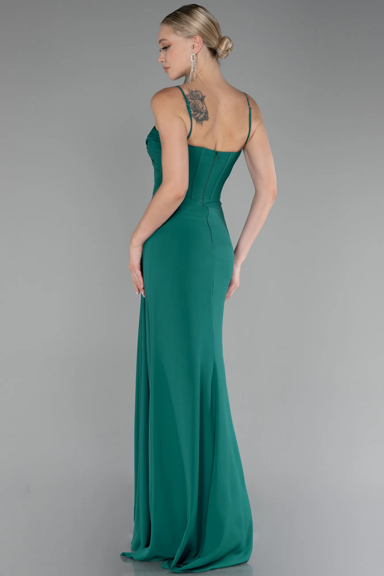 Emerald Green-Strap Slit Long Chiffon Evening Dress ABU4118