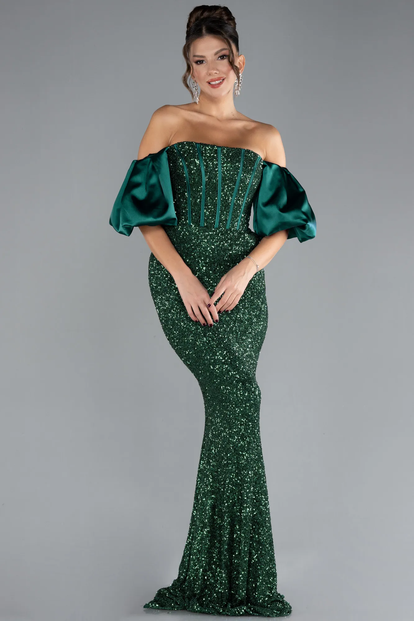 Emerald Green-Strapless Sleeve Accessories Long Scaly Evening Gown ABU4308