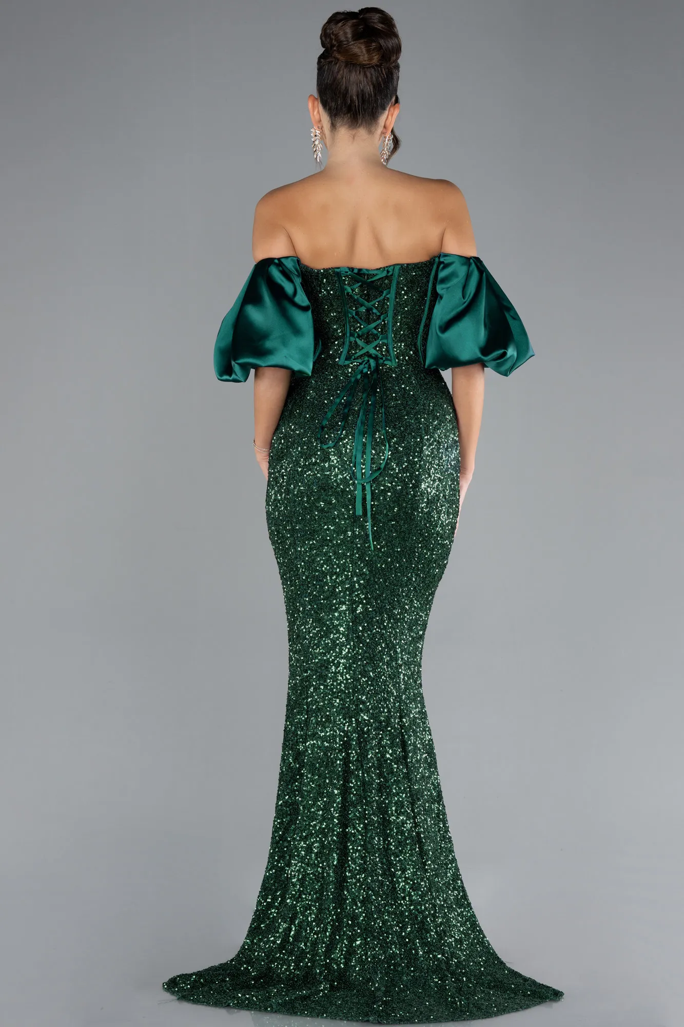 Emerald Green-Strapless Sleeve Accessories Long Scaly Evening Gown ABU4308