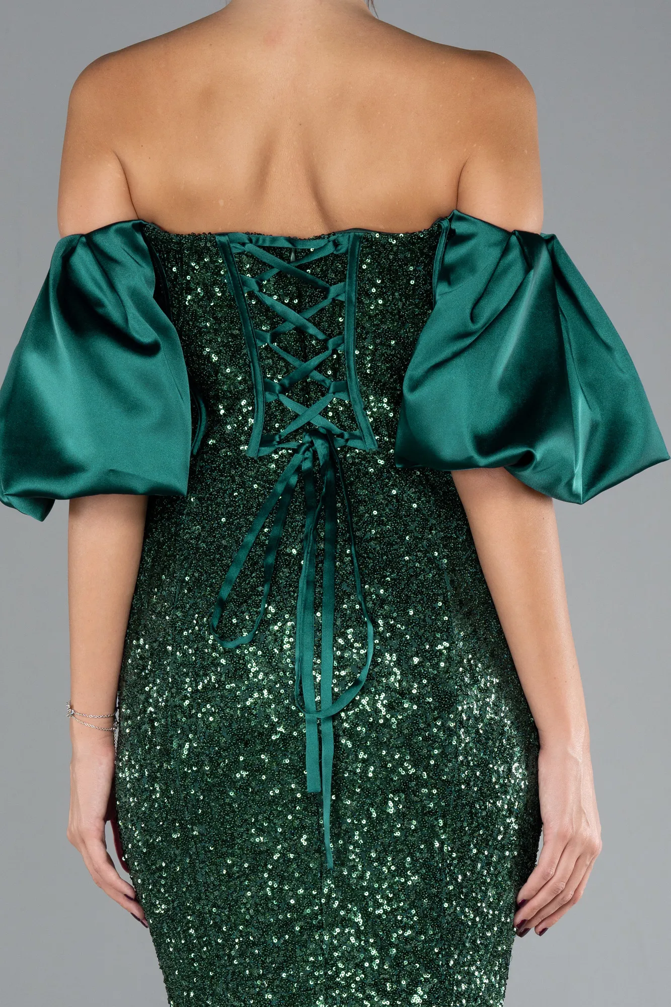 Emerald Green-Strapless Sleeve Accessories Long Scaly Evening Gown ABU4308