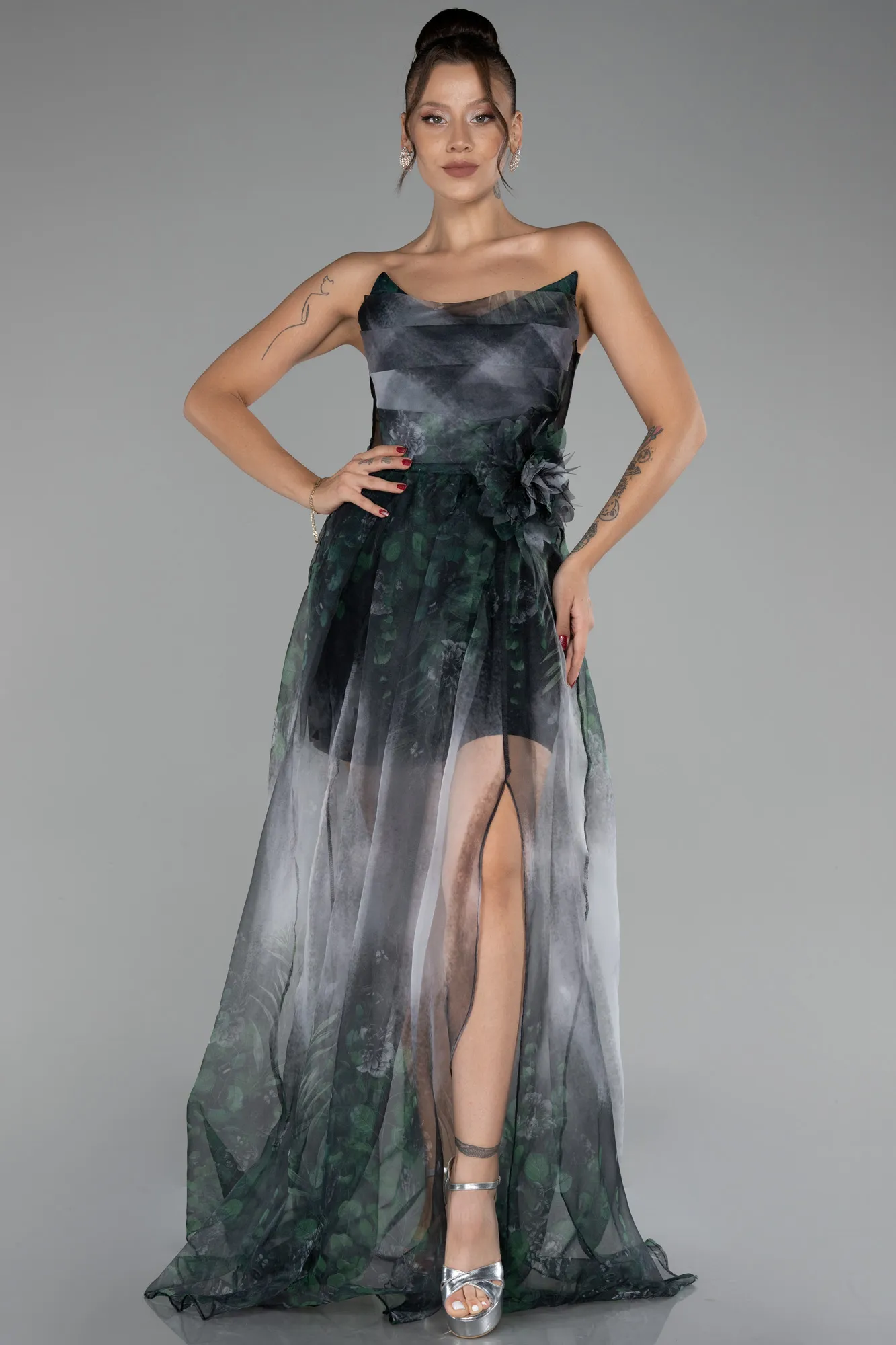 Emerald Green-Strapless Slit Long Chiffon Patterned Prom Dress ABU4150