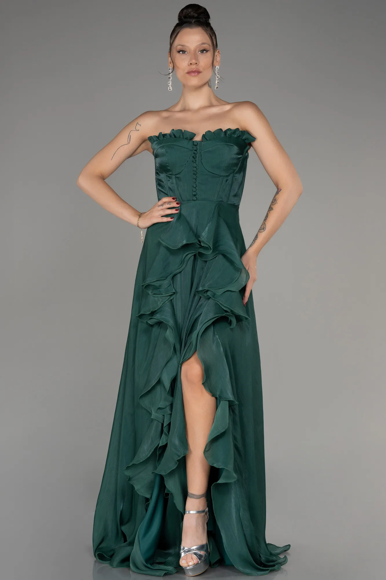 Emerald Green-Strapless Slit Long Chiffon Prom Dress ABU4012