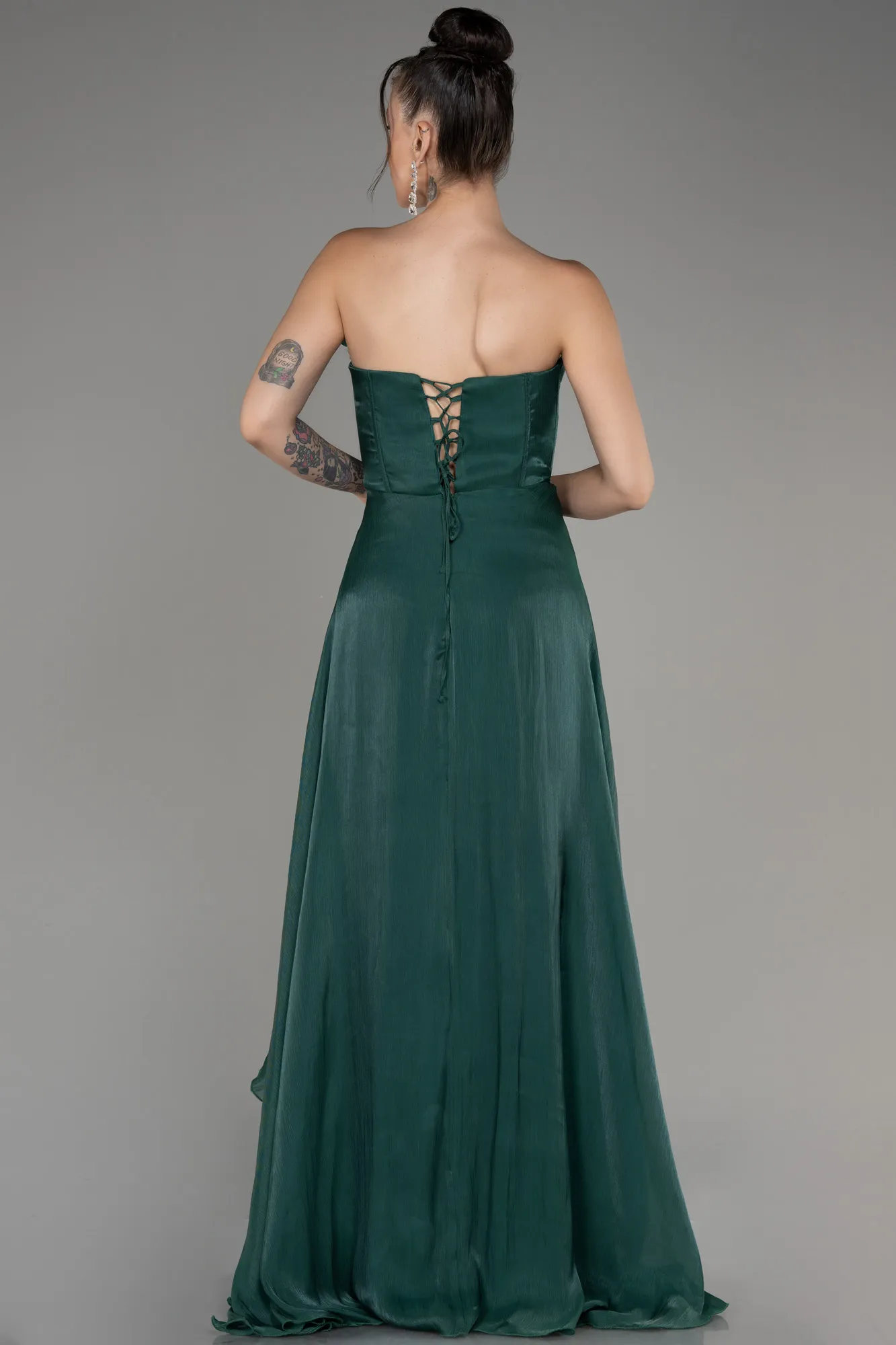 Emerald Green-Strapless Slit Long Chiffon Prom Dress ABU4012