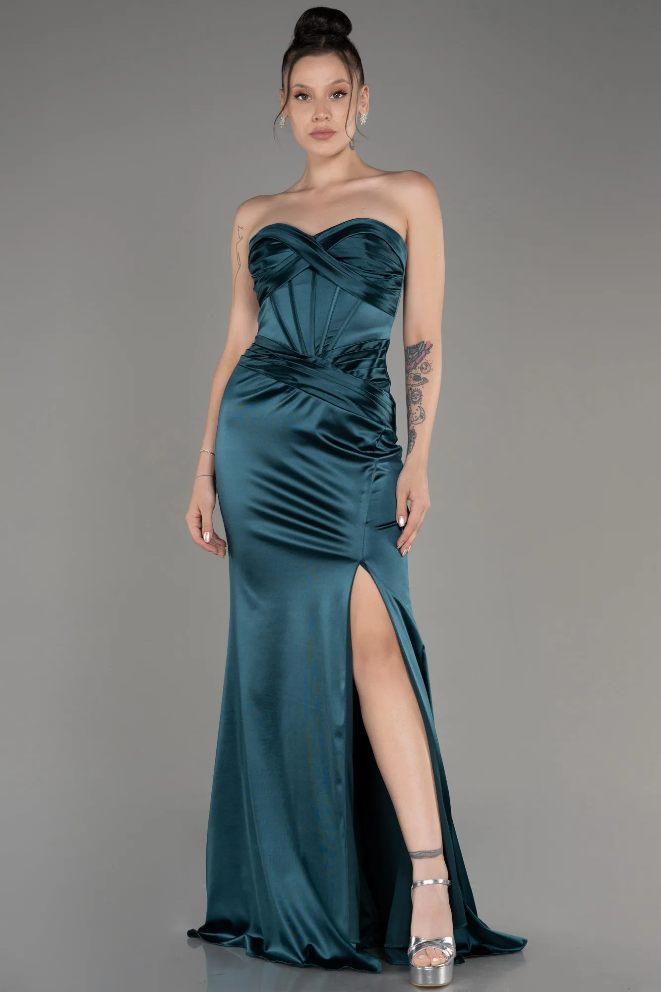 Emerald Green-Strapless Slit Long Satin Prom Dress ABU3979