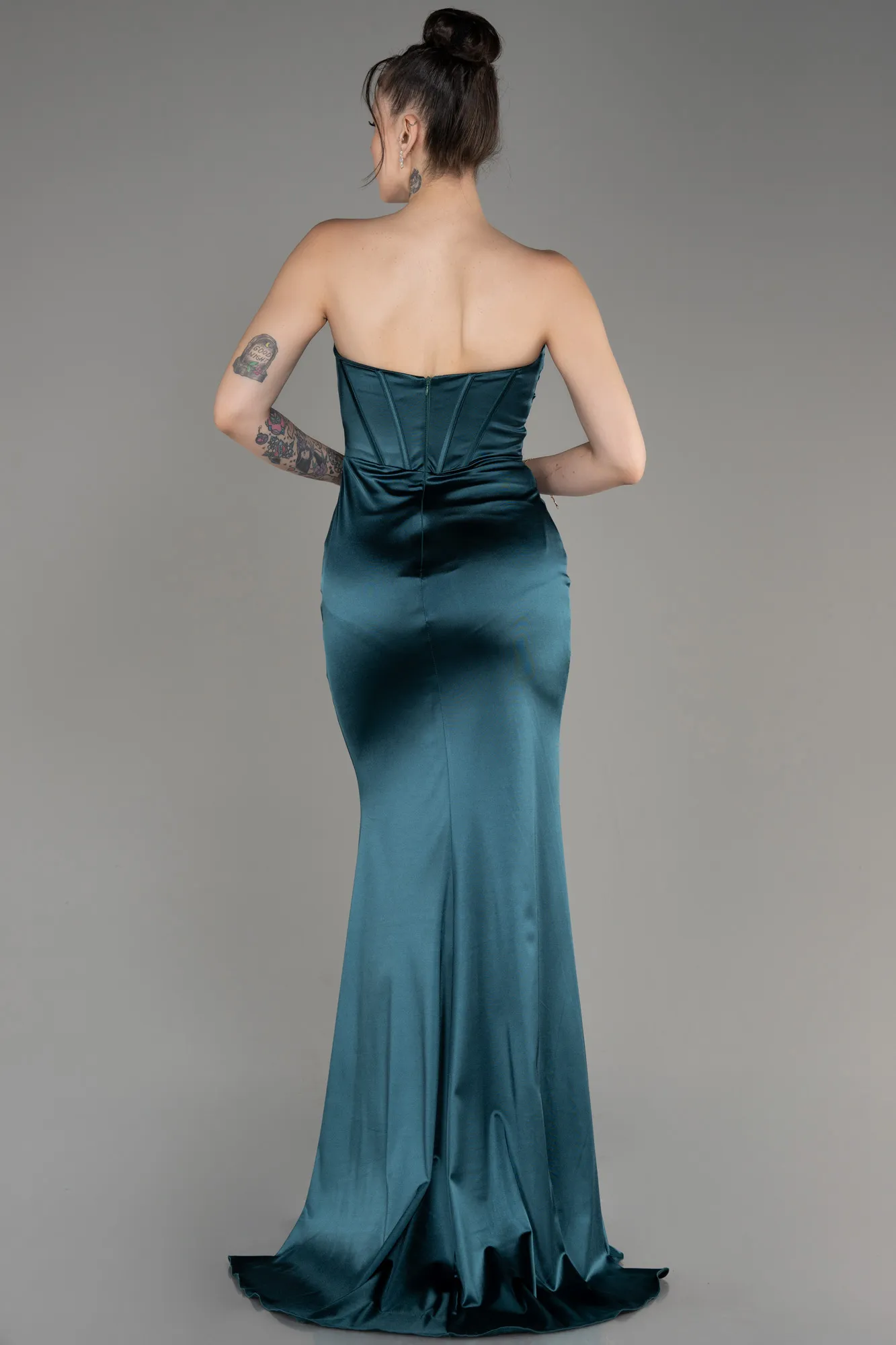 Emerald Green-Strapless Slit Long Satin Prom Dress ABU3979