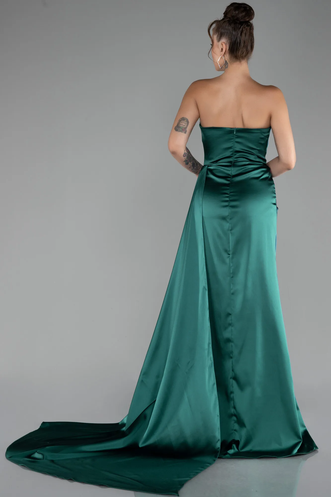 Emerald Green-Strapless Slit Long Satin Prom Gown ABU4093