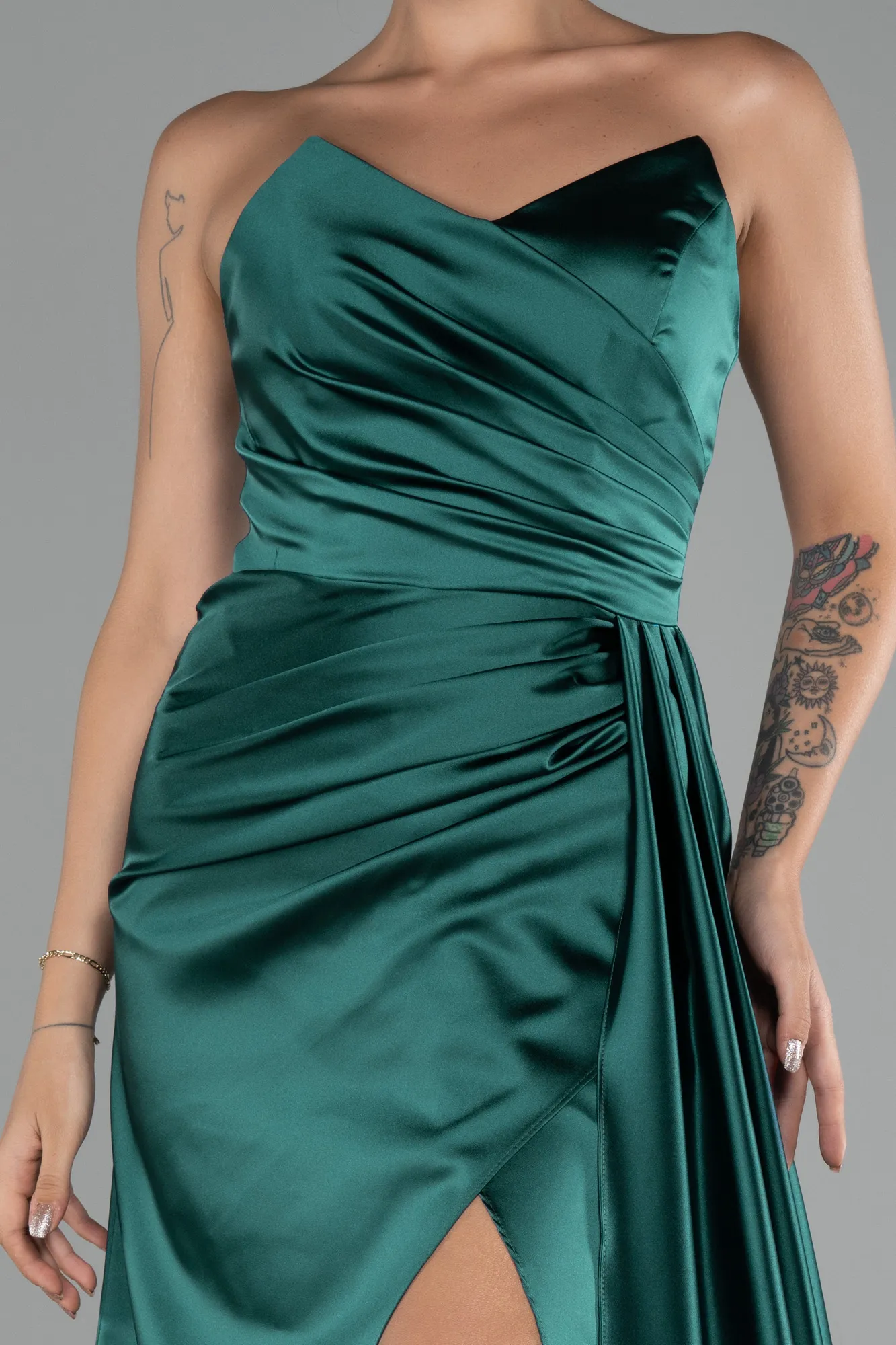 Emerald Green-Strapless Slit Long Satin Prom Gown ABU4093