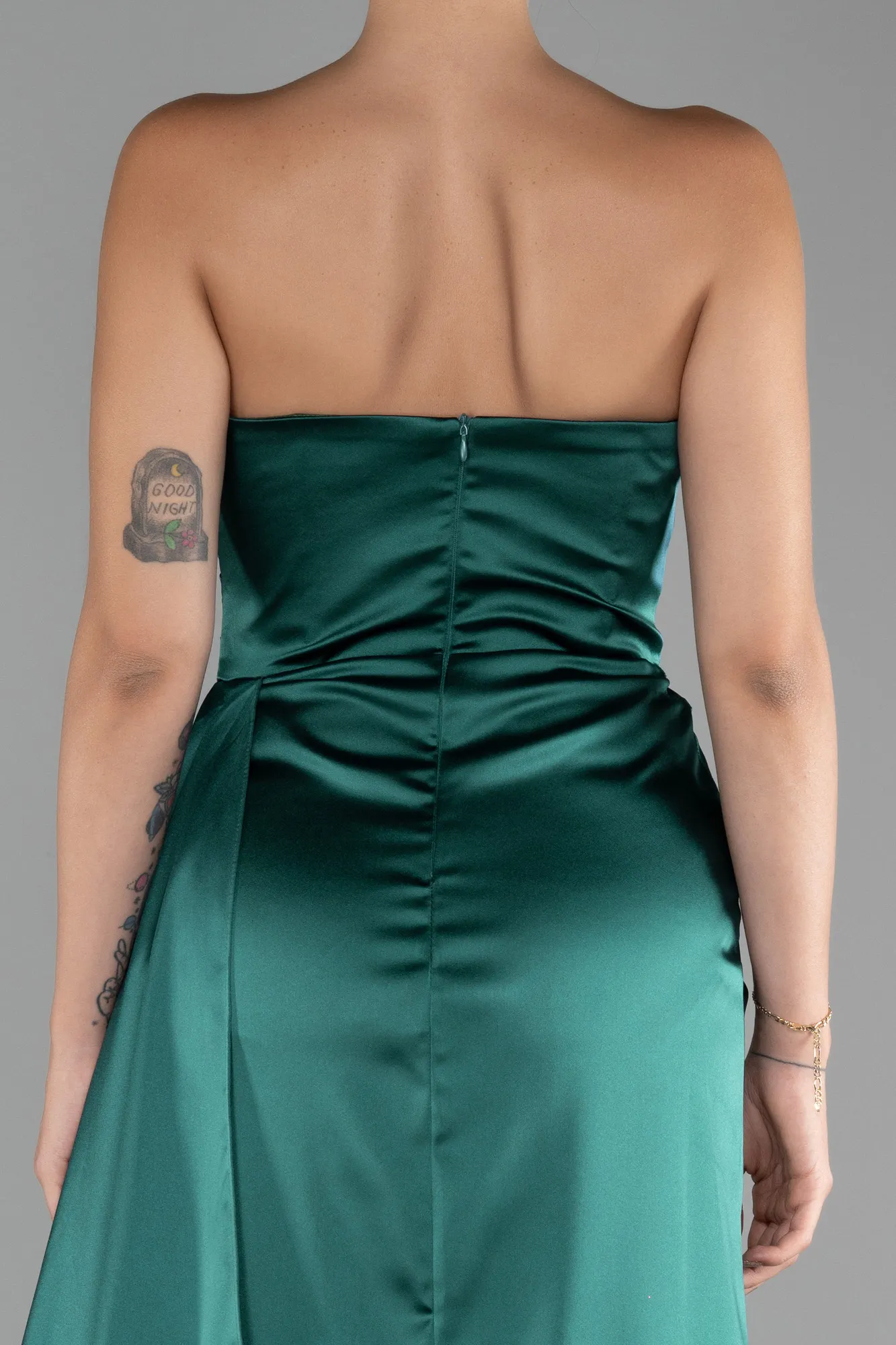 Emerald Green-Strapless Slit Long Satin Prom Gown ABU4093