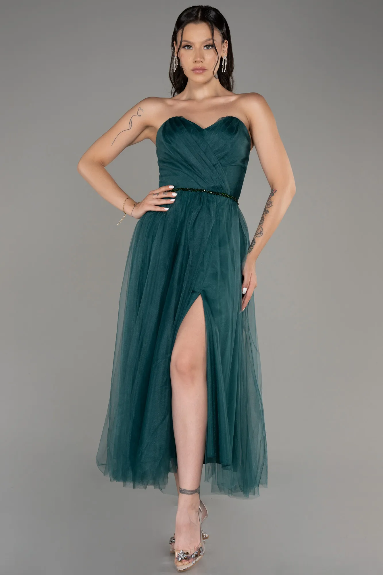 Emerald Green-Strapless Slit Midi Cocktail Dress ABK2099