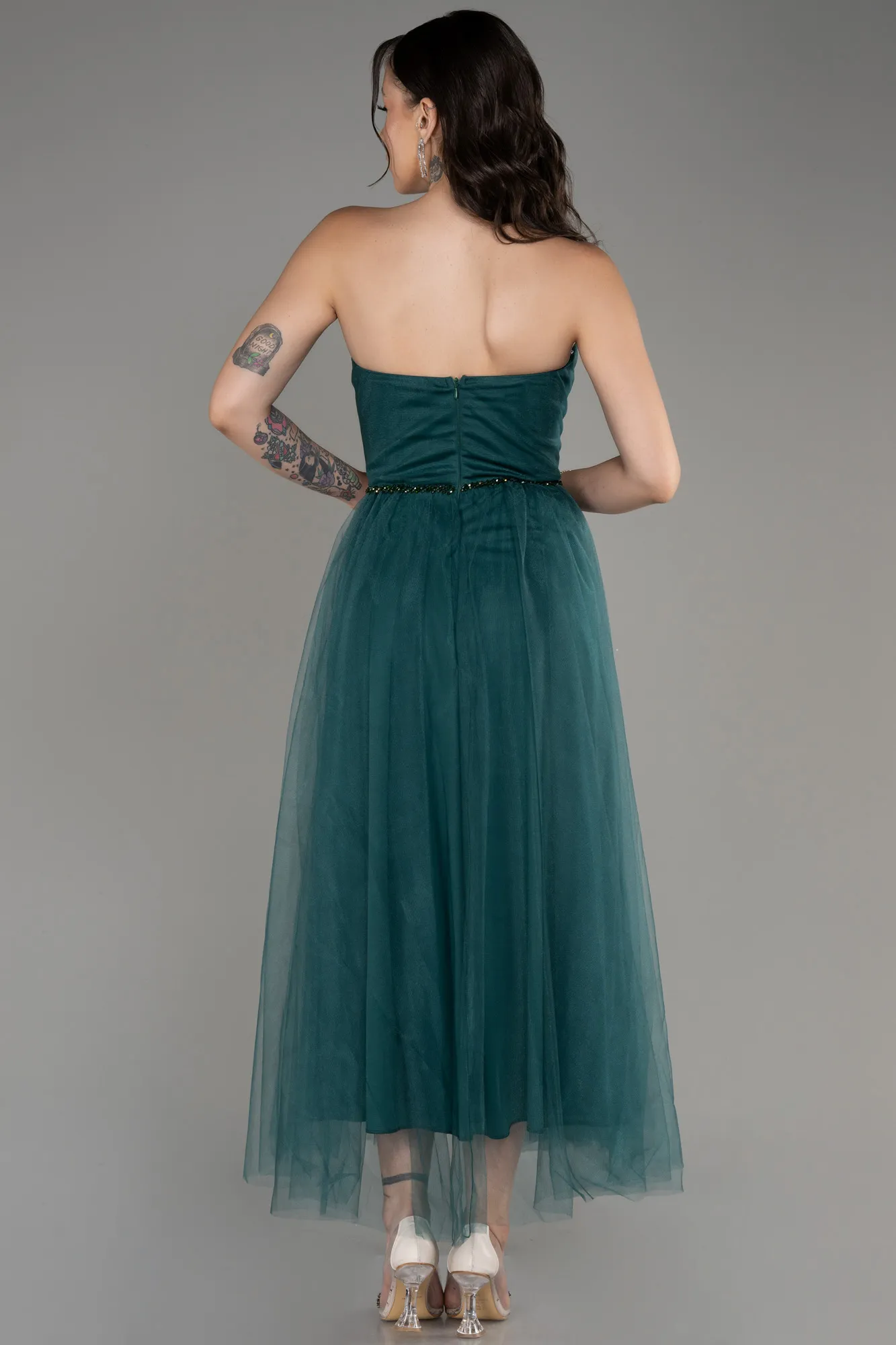 Emerald Green-Strapless Slit Midi Cocktail Dress ABK2099