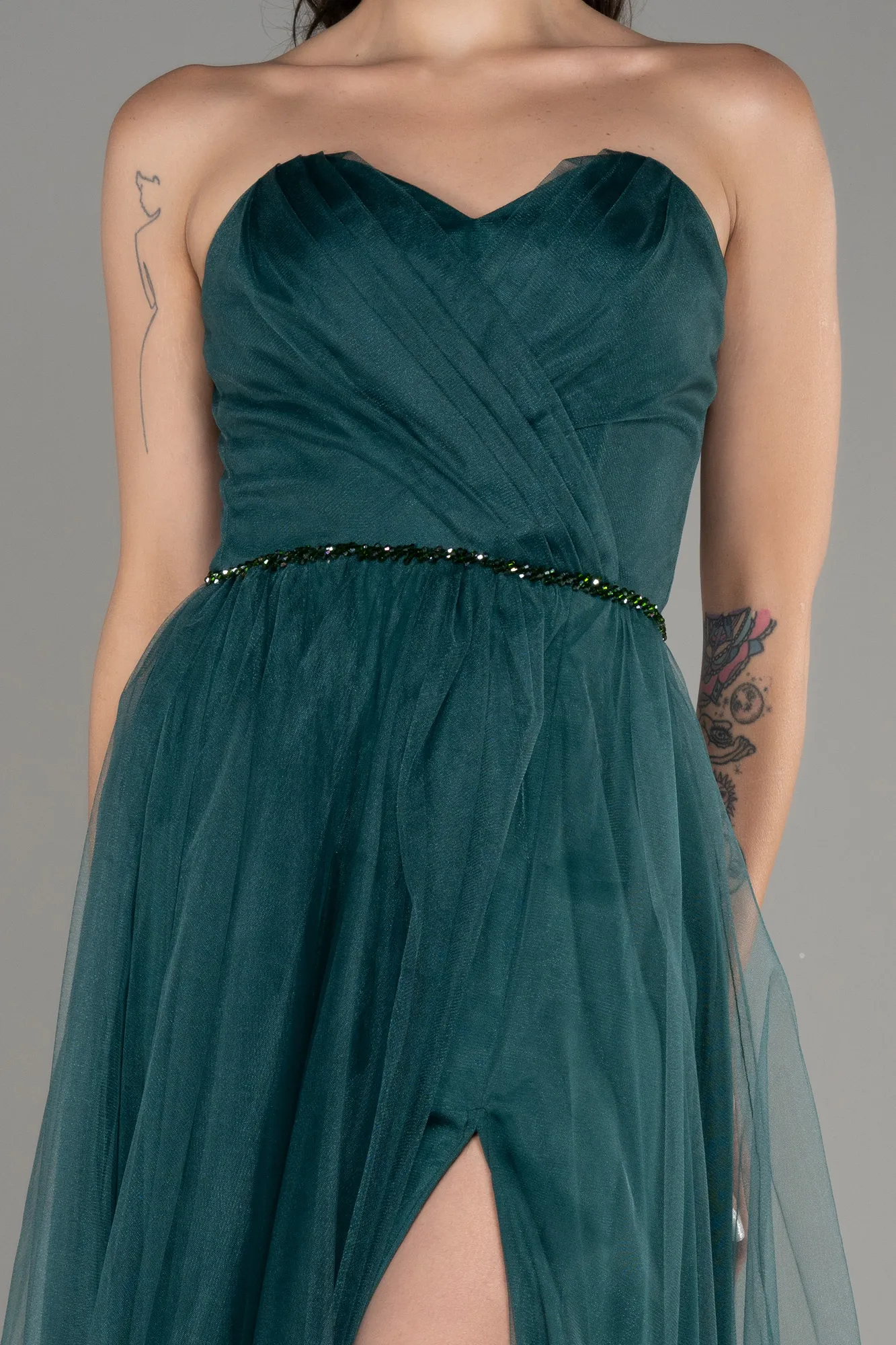 Emerald Green-Strapless Slit Midi Cocktail Dress ABK2099