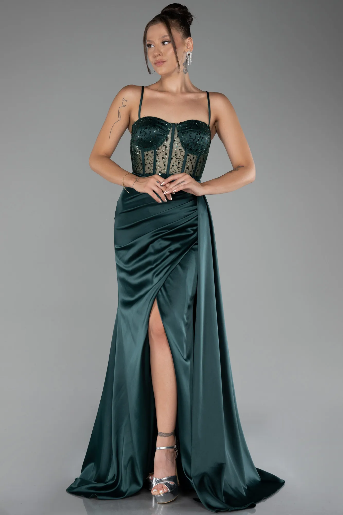 Emerald Green-Underwire On Top Slit Long Satin Eevning Gown ABU4090