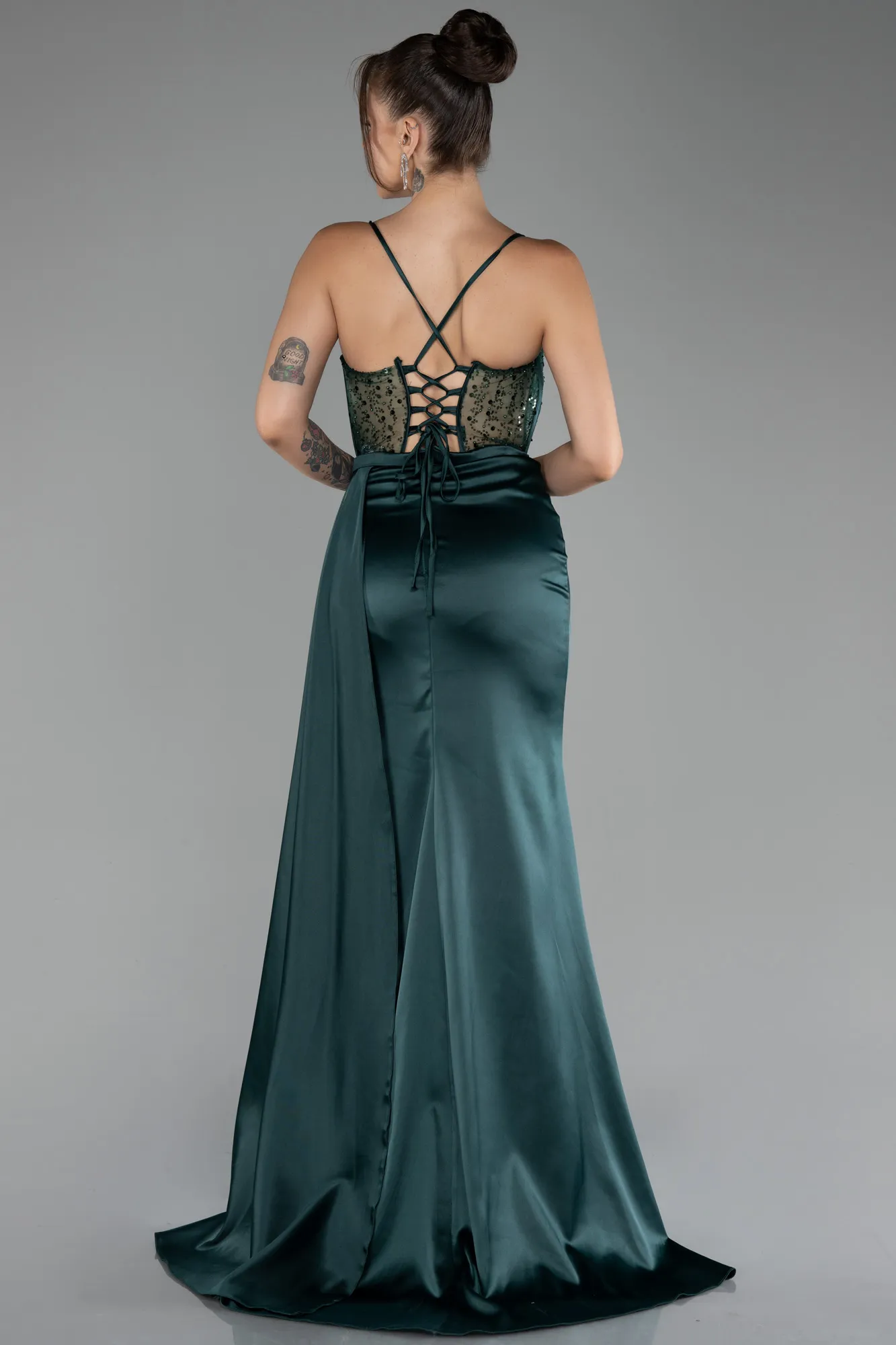 Emerald Green-Underwire On Top Slit Long Satin Eevning Gown ABU4090