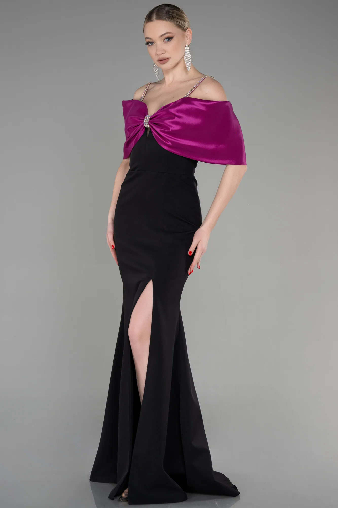 Fuchsia-Black-Long Evening Dress ABU3601