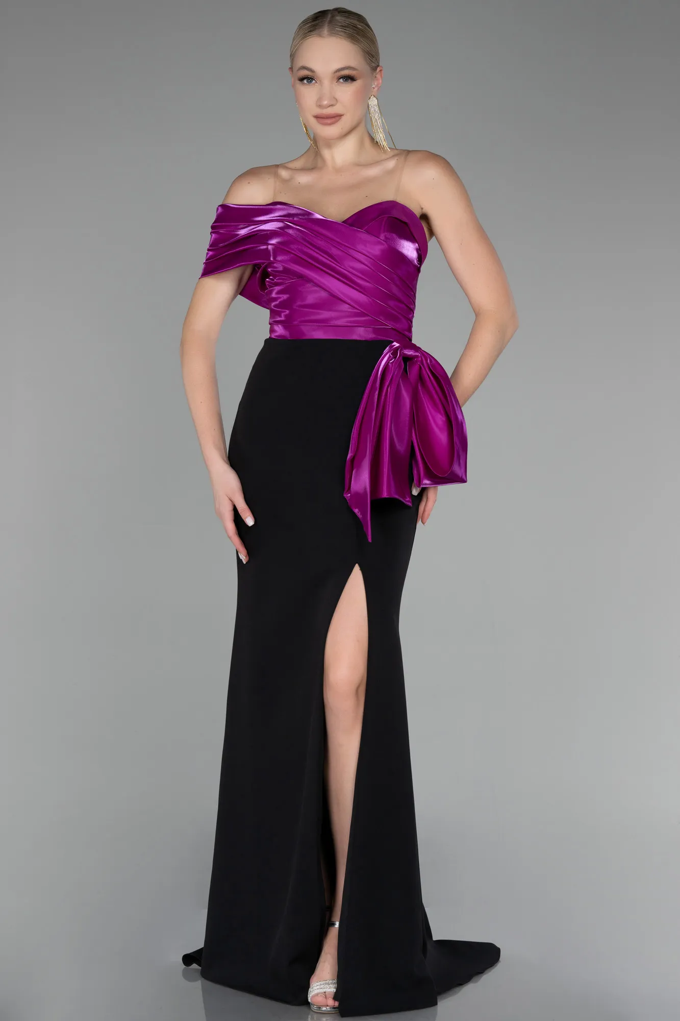 Fuchsia-Black-One Shoulder Slit Long Mermaid Evening Gown ABU4115