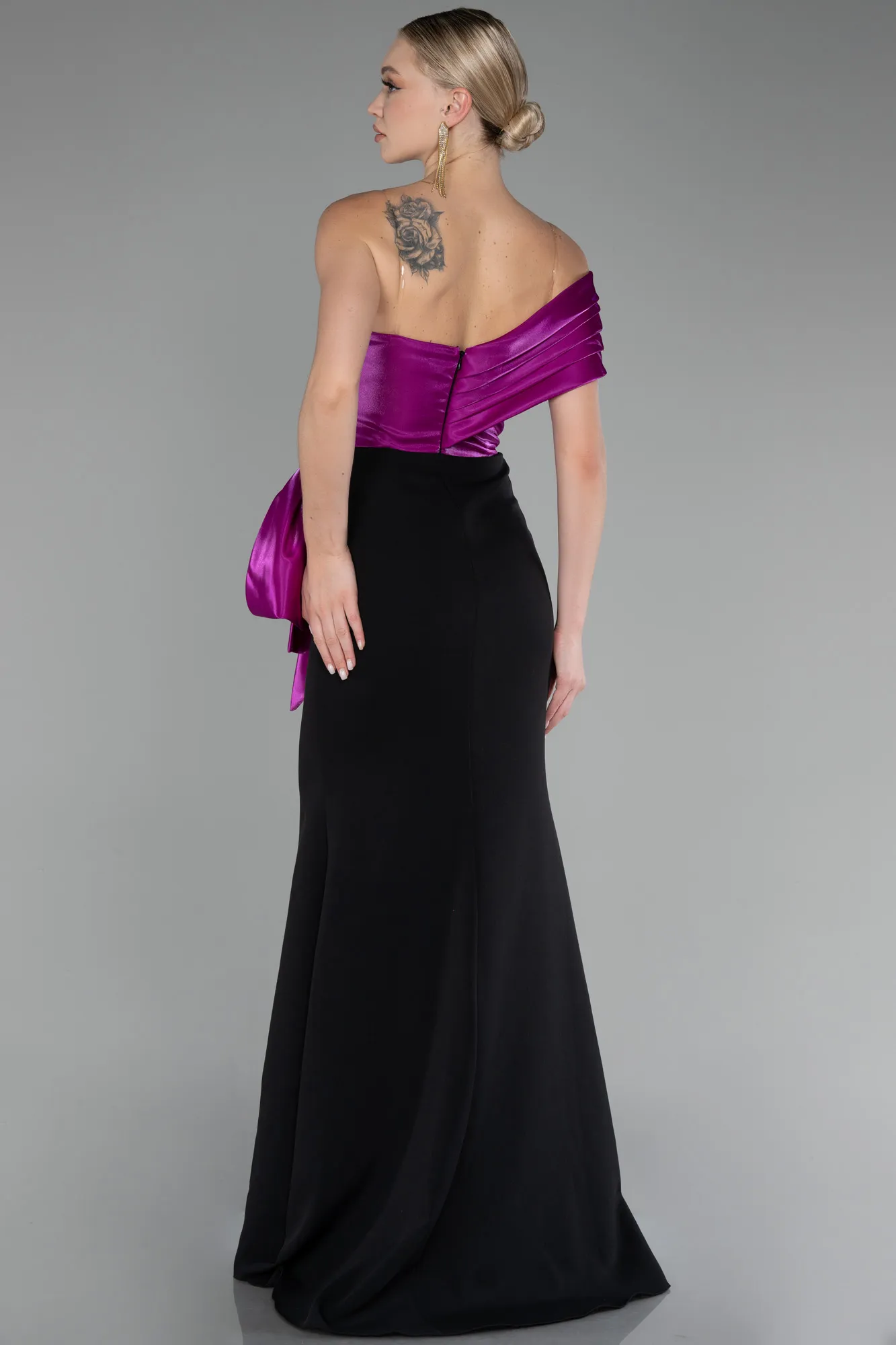 Fuchsia-Black-One Shoulder Slit Long Mermaid Evening Gown ABU4115