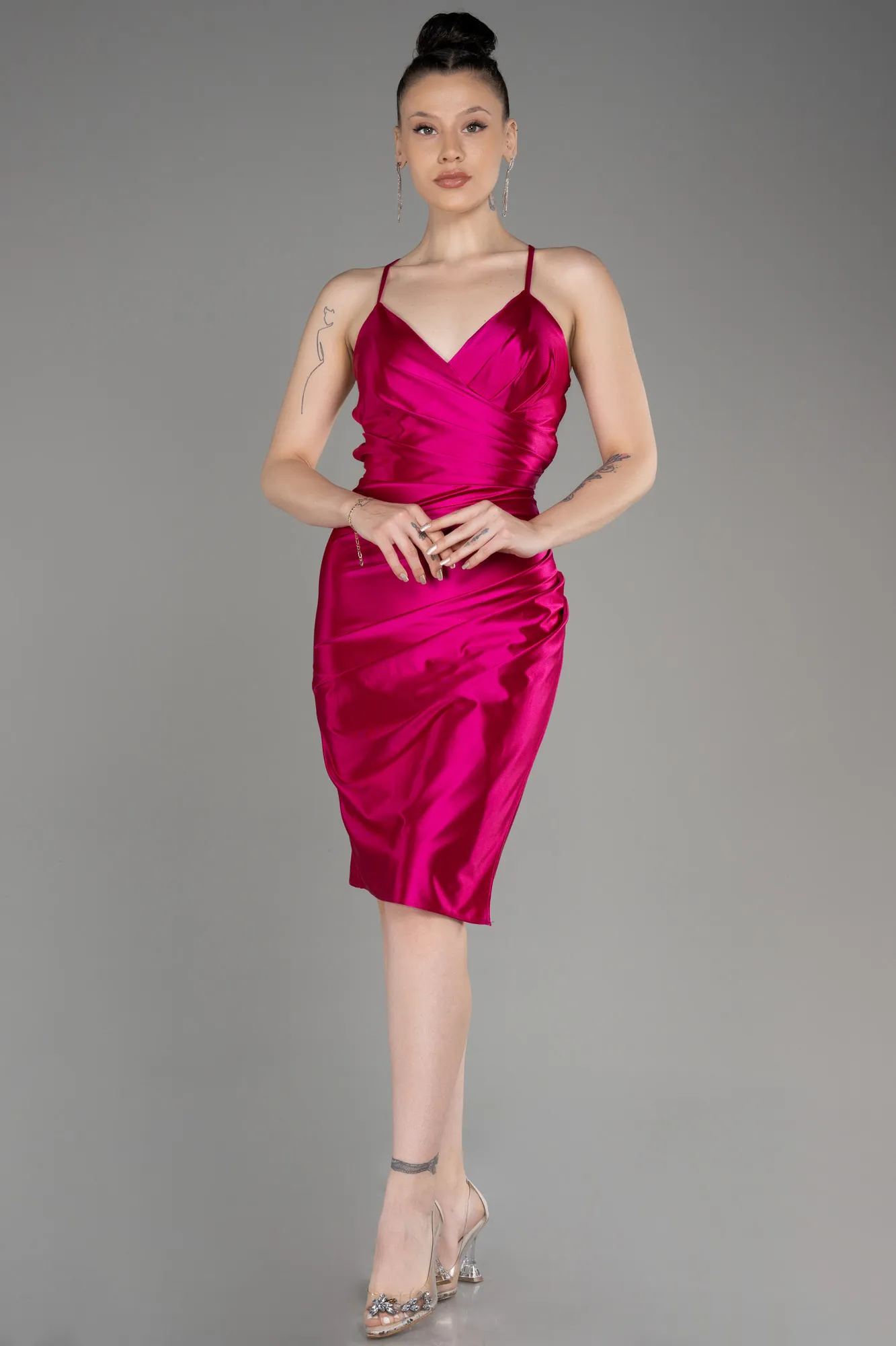 Fuchsia-Backless Short Satin Cocktail Dress ABK2078