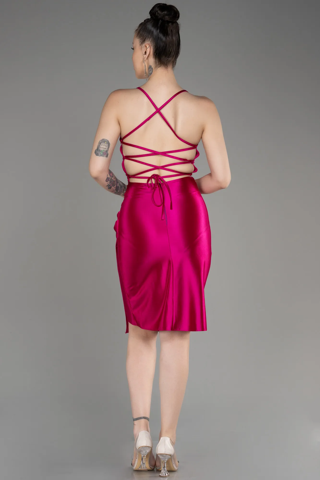 Fuchsia-Backless Short Satin Cocktail Dress ABK2078