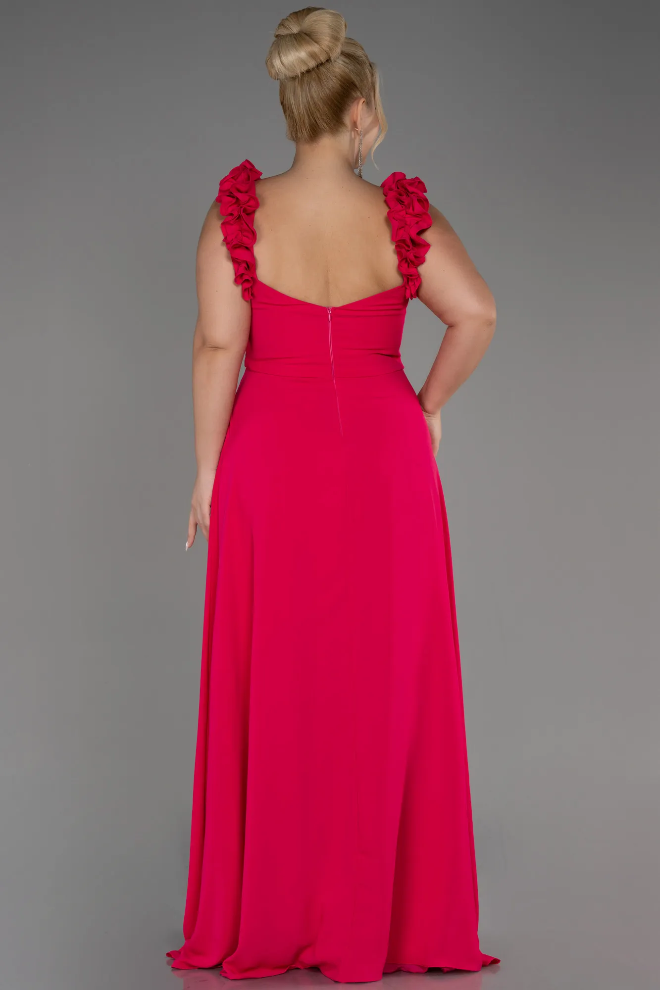 Fuchsia-Boat Neck Long Chiffon Plus Size Evening Dress ABU4026