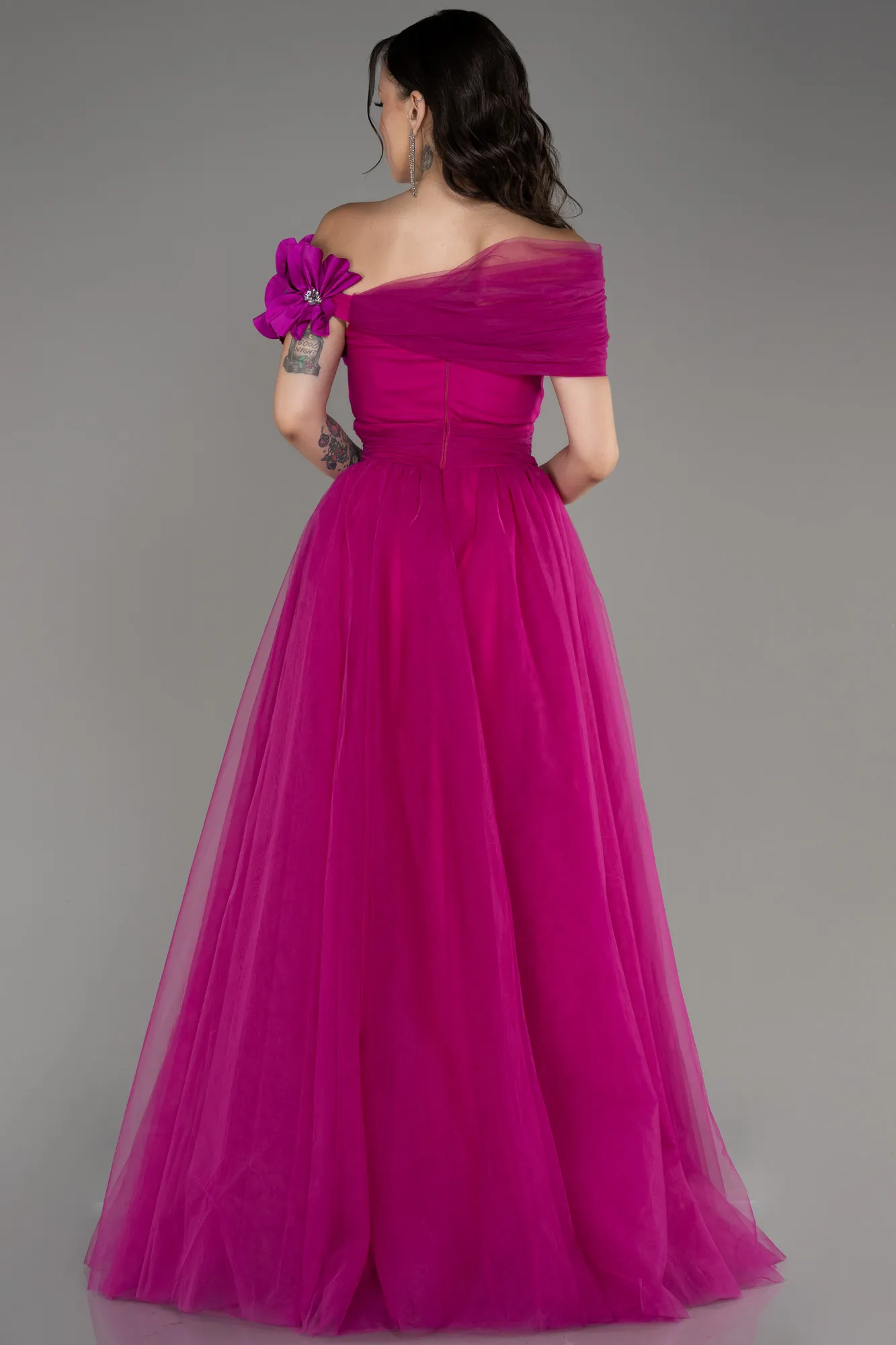 Fuchsia-Boat Neck Long Princess Evening Dress ABU3958