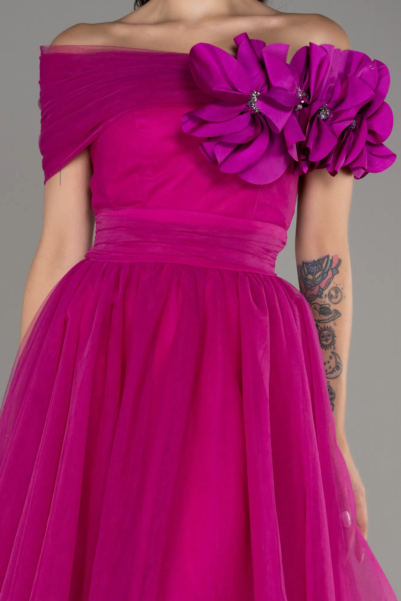 Fuchsia-Boat Neck Long Princess Evening Dress ABU3958