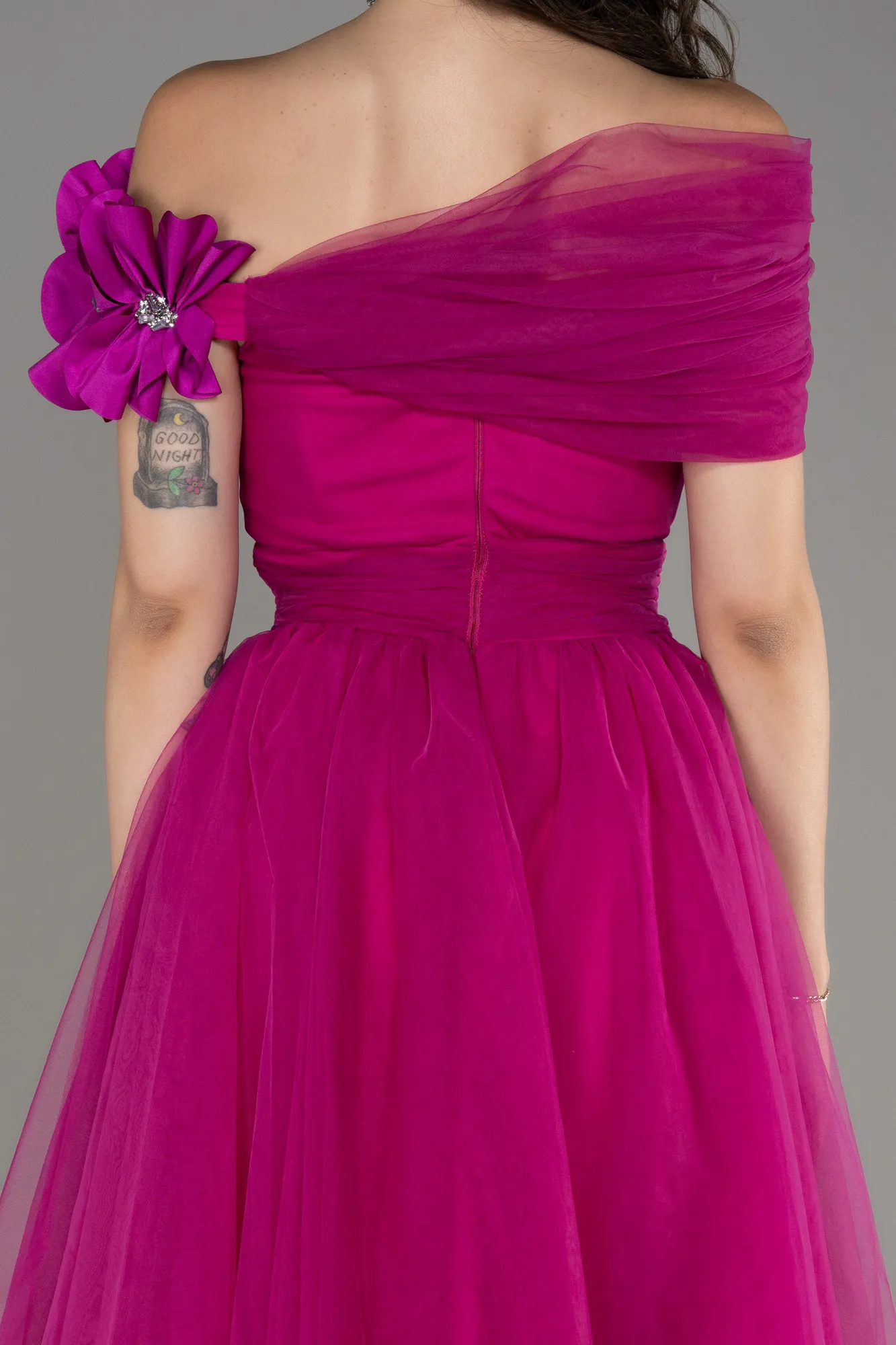 Fuchsia-Boat Neck Long Princess Evening Dress ABU3958