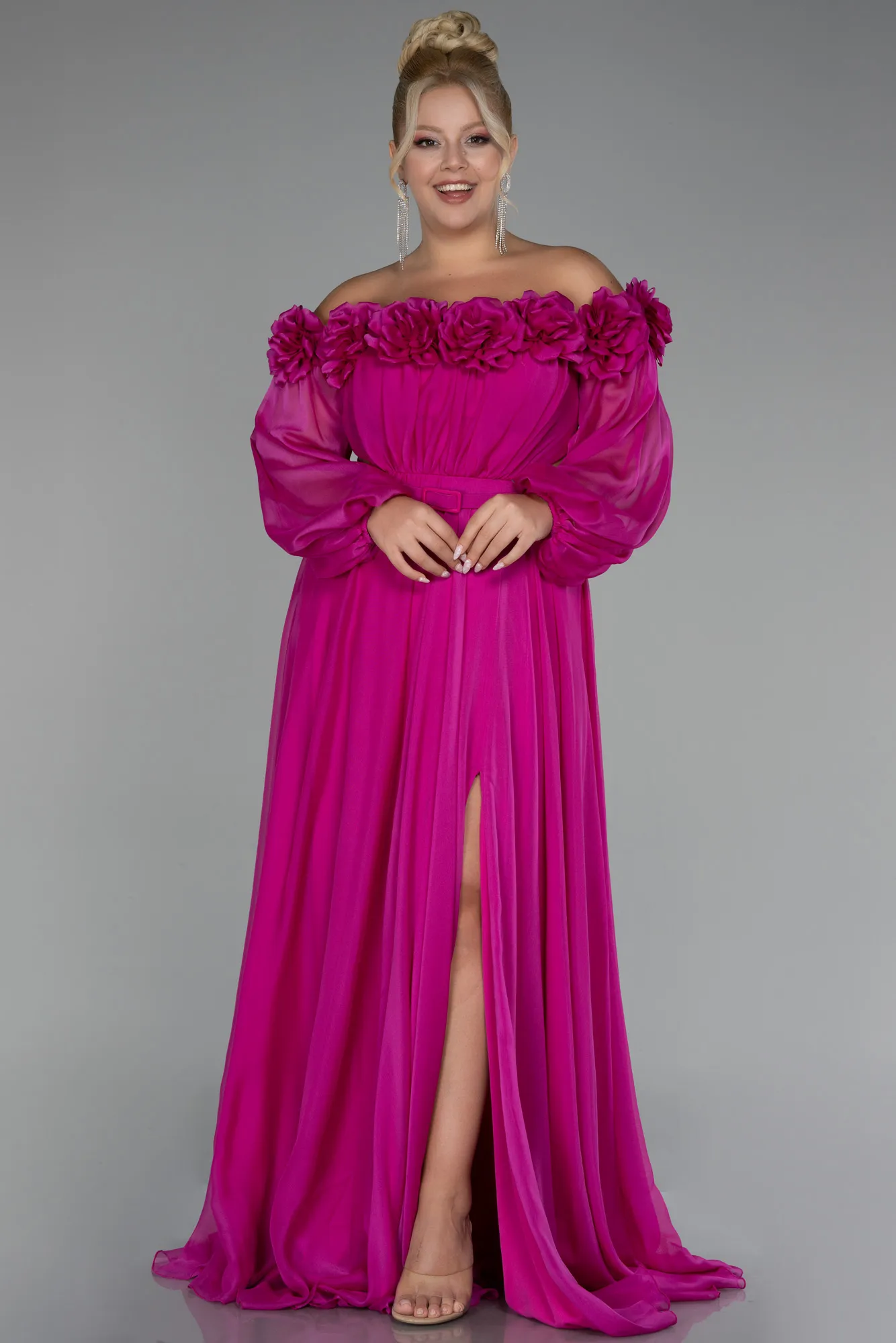 Fuchsia-Boat Neck Long Sleeve Plus Size Chiffon Prom Gown ABU4131