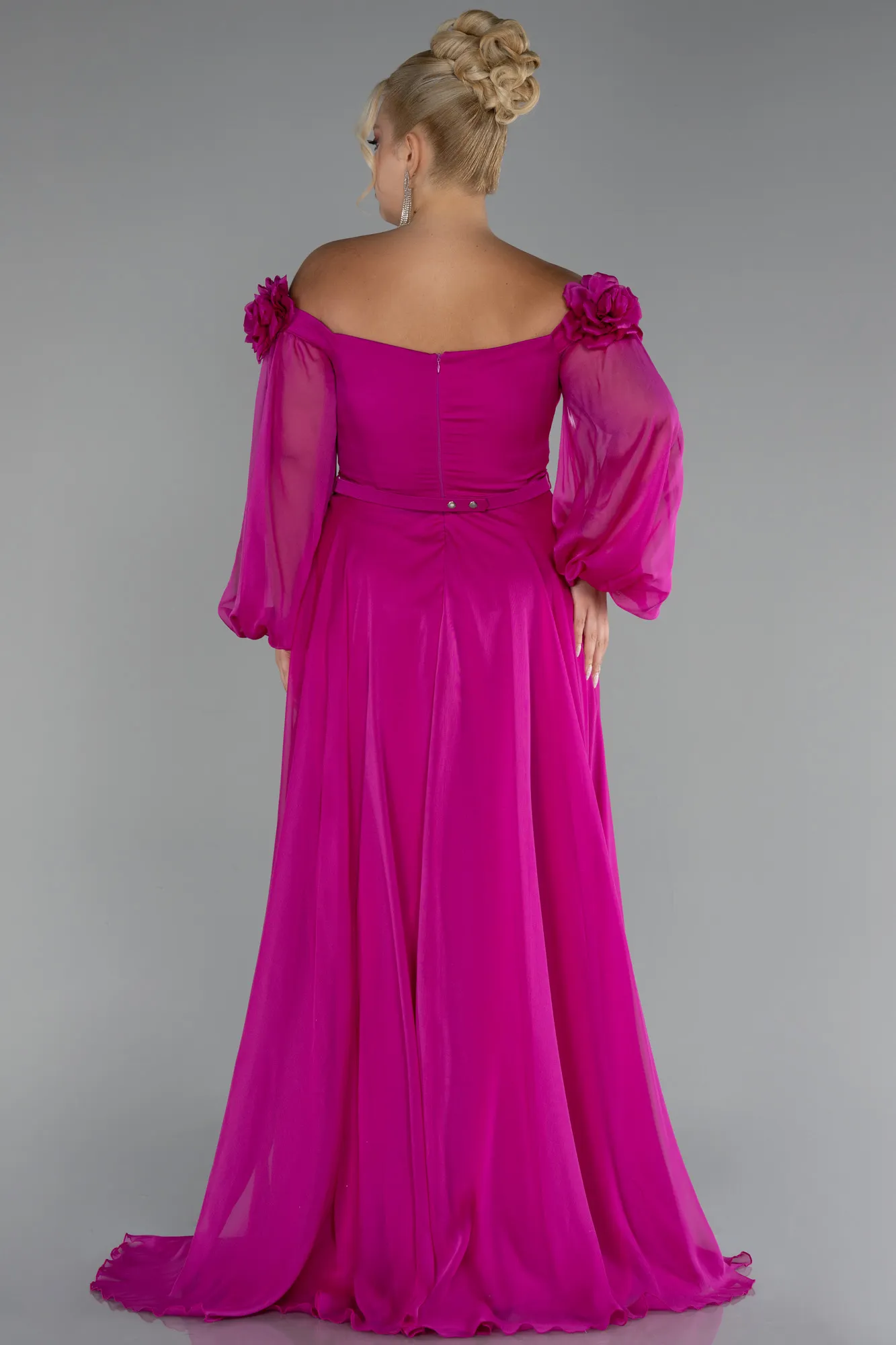 Fuchsia-Boat Neck Long Sleeve Plus Size Chiffon Prom Gown ABU4131