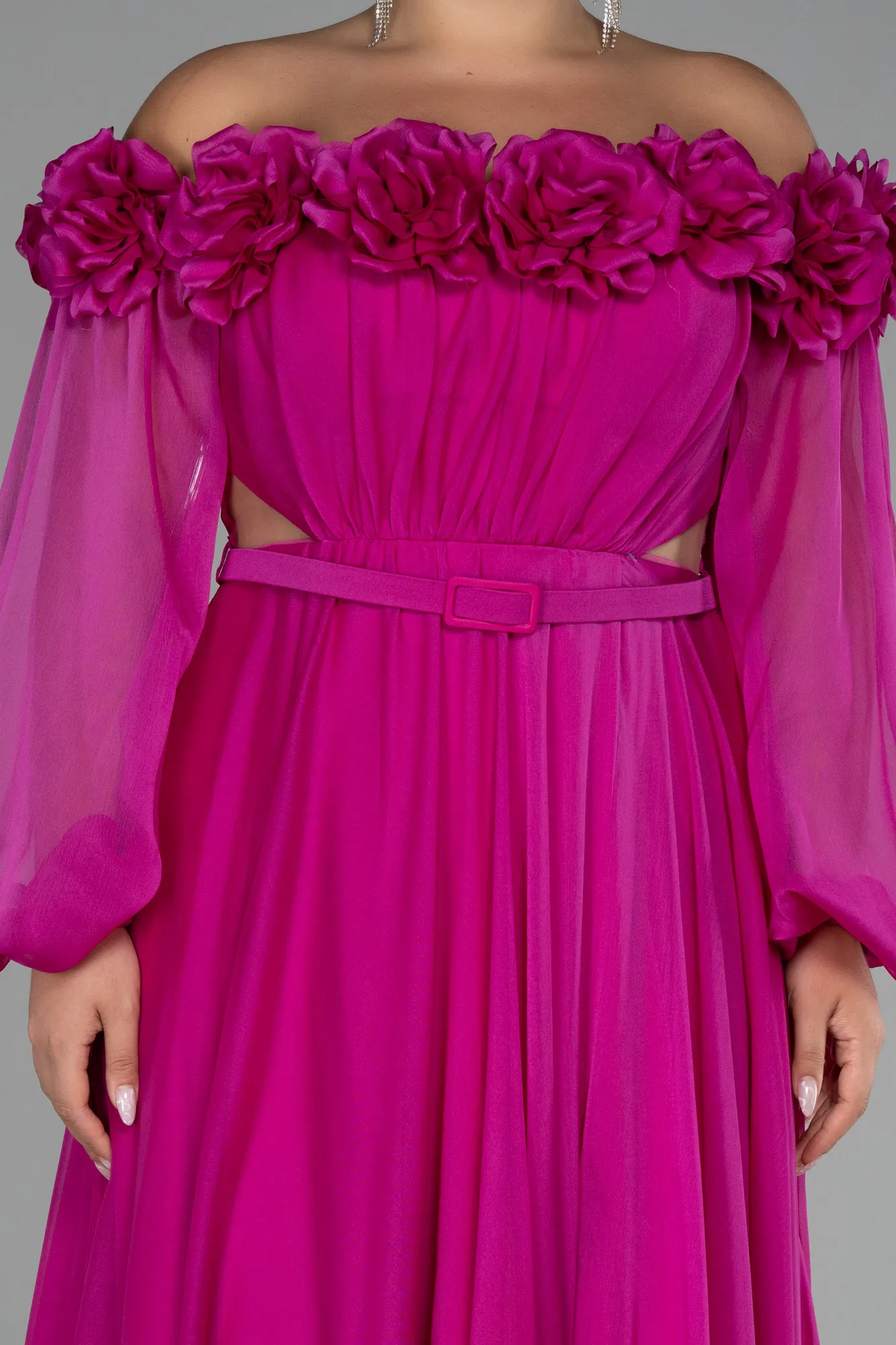 Fuchsia-Boat Neck Long Sleeve Plus Size Chiffon Prom Gown ABU4131