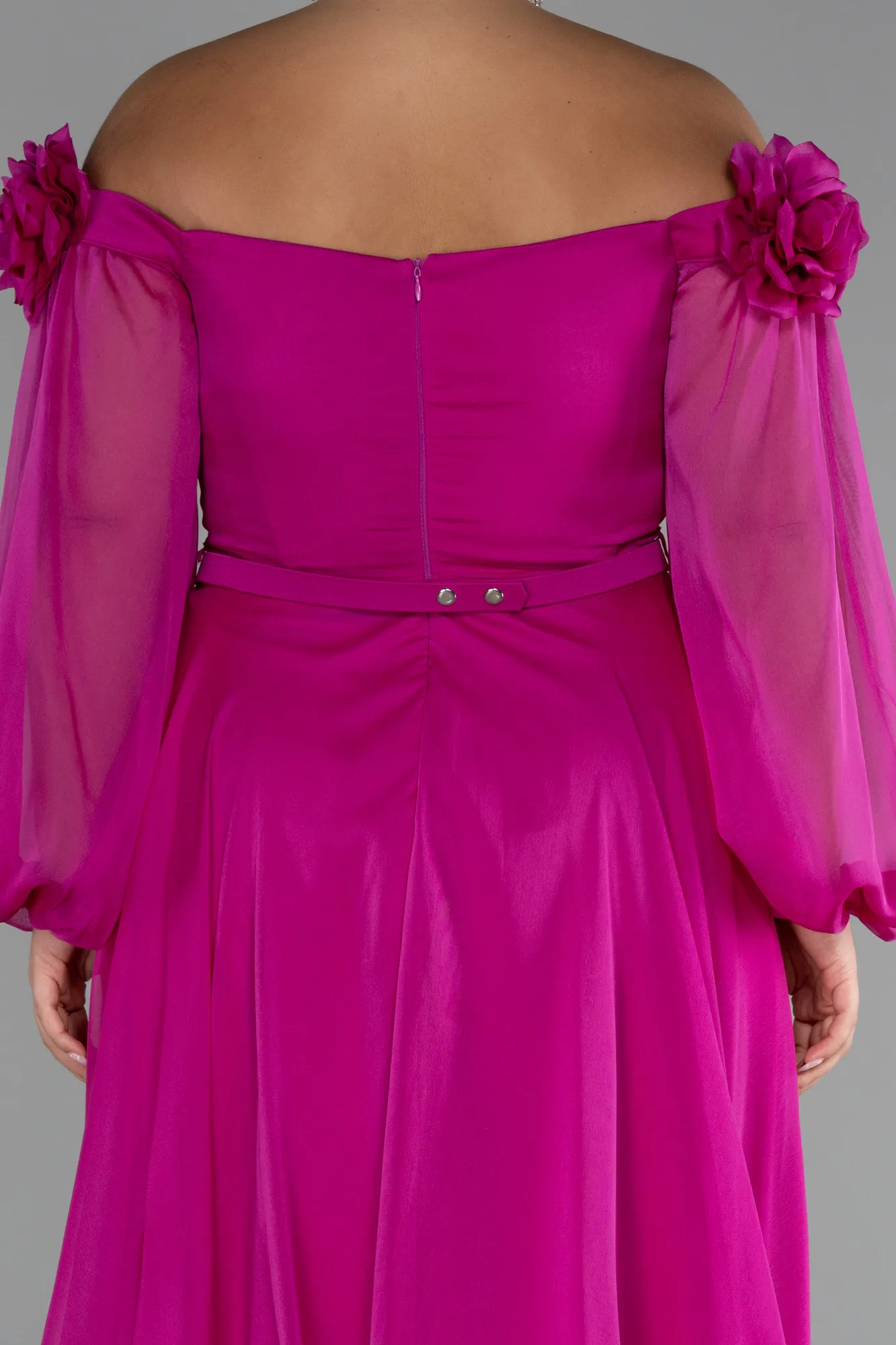 Fuchsia-Boat Neck Long Sleeve Plus Size Chiffon Prom Gown ABU4131