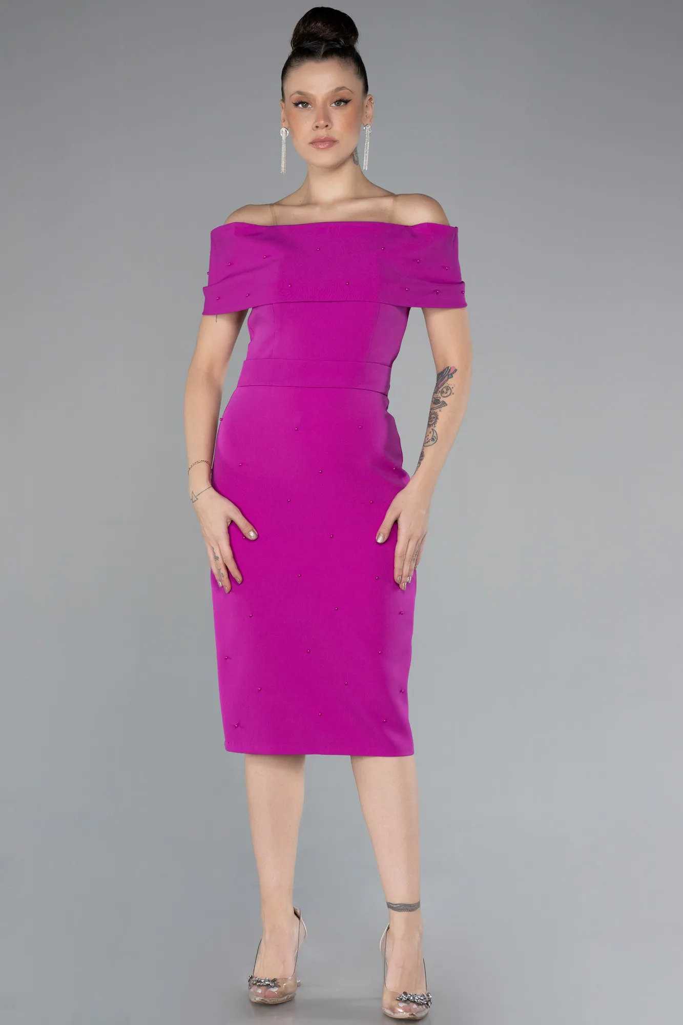 Fuchsia-Boat Neck Midi Invitation Dress ABK2203