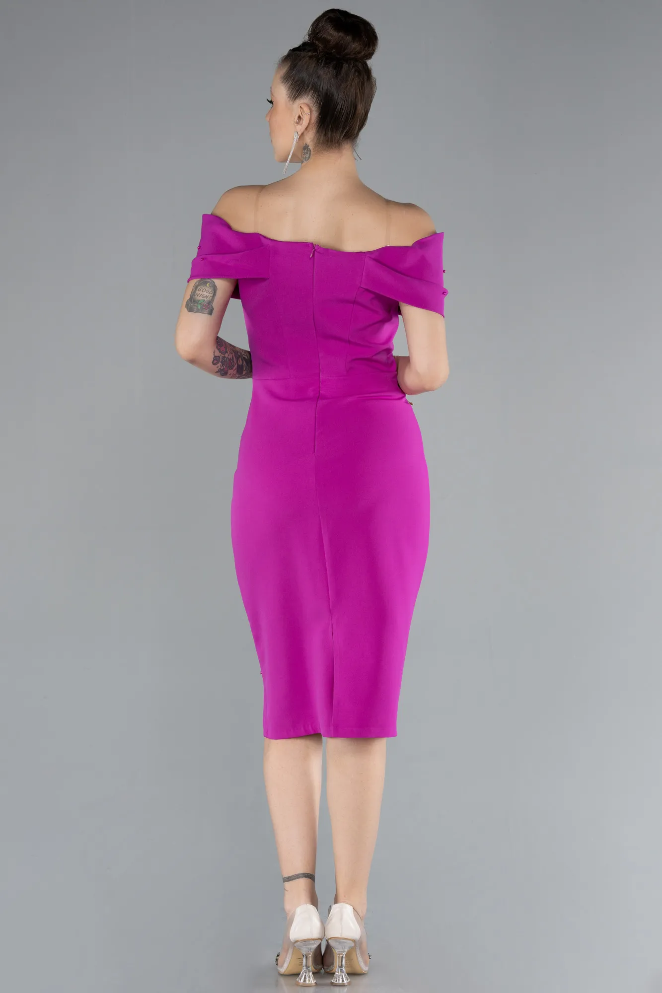 Fuchsia-Boat Neck Midi Invitation Dress ABK2203