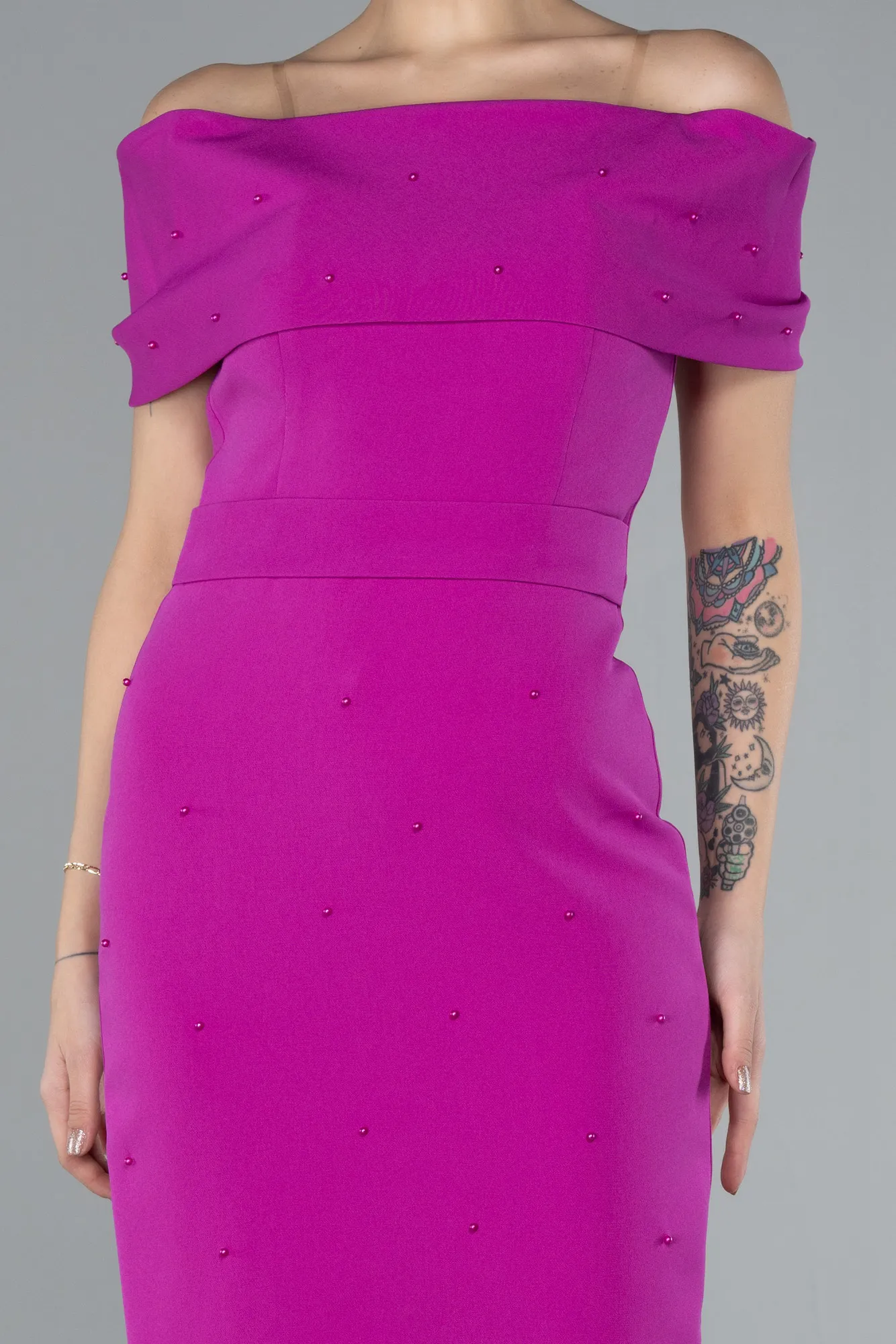 Fuchsia-Boat Neck Midi Invitation Dress ABK2203