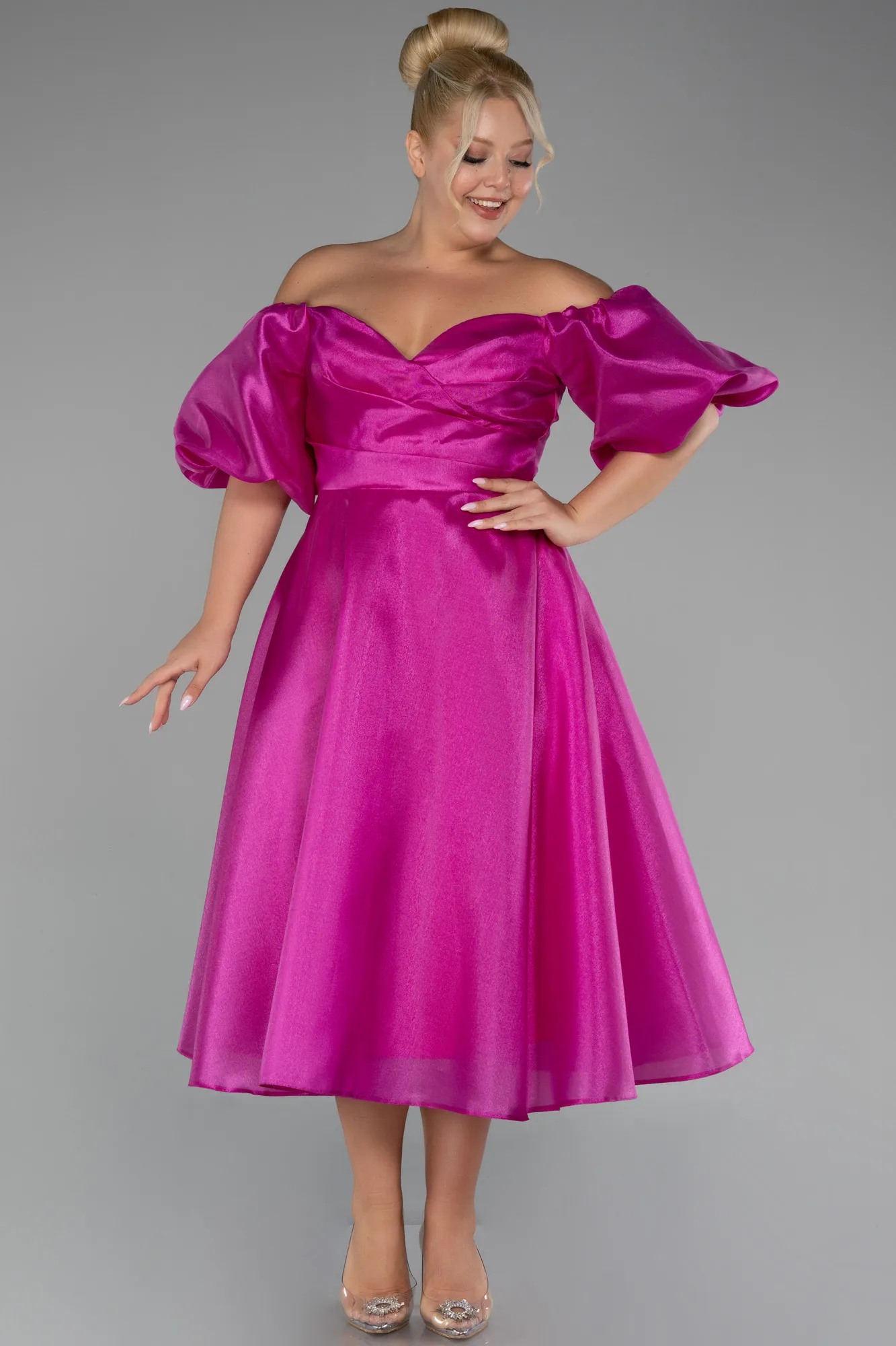 Fuchsia-Boat Neck Midi Plus Size Taffeta Evening Dress ABK2128