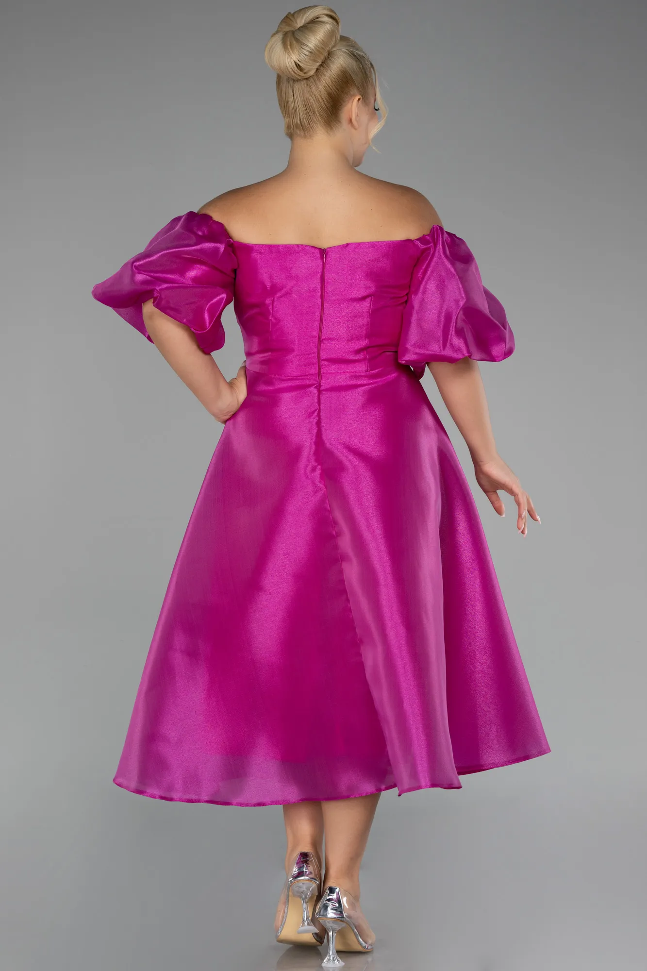 Fuchsia-Boat Neck Midi Plus Size Taffeta Evening Dress ABK2128