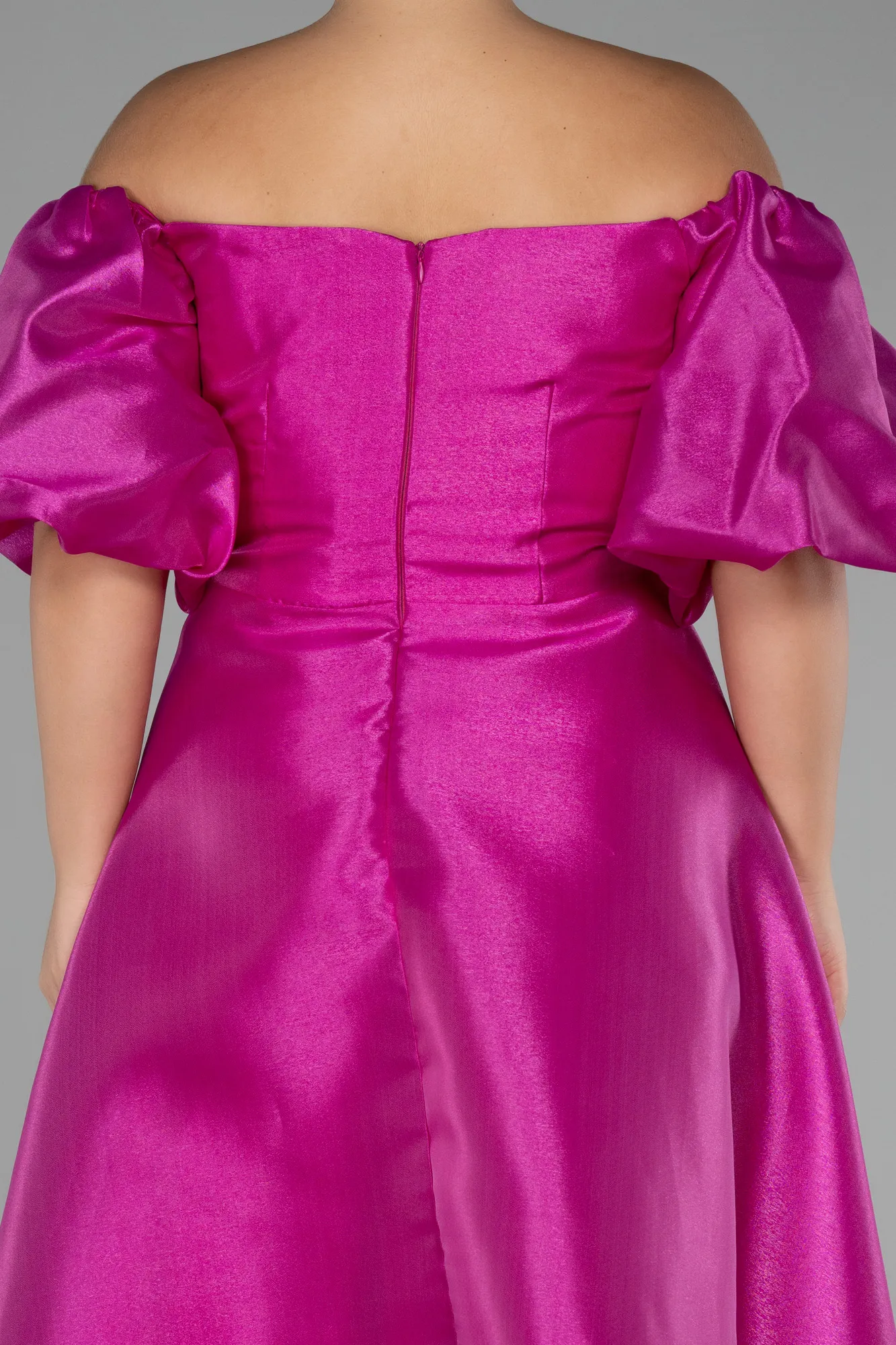 Fuchsia-Boat Neck Midi Plus Size Taffeta Evening Dress ABK2128