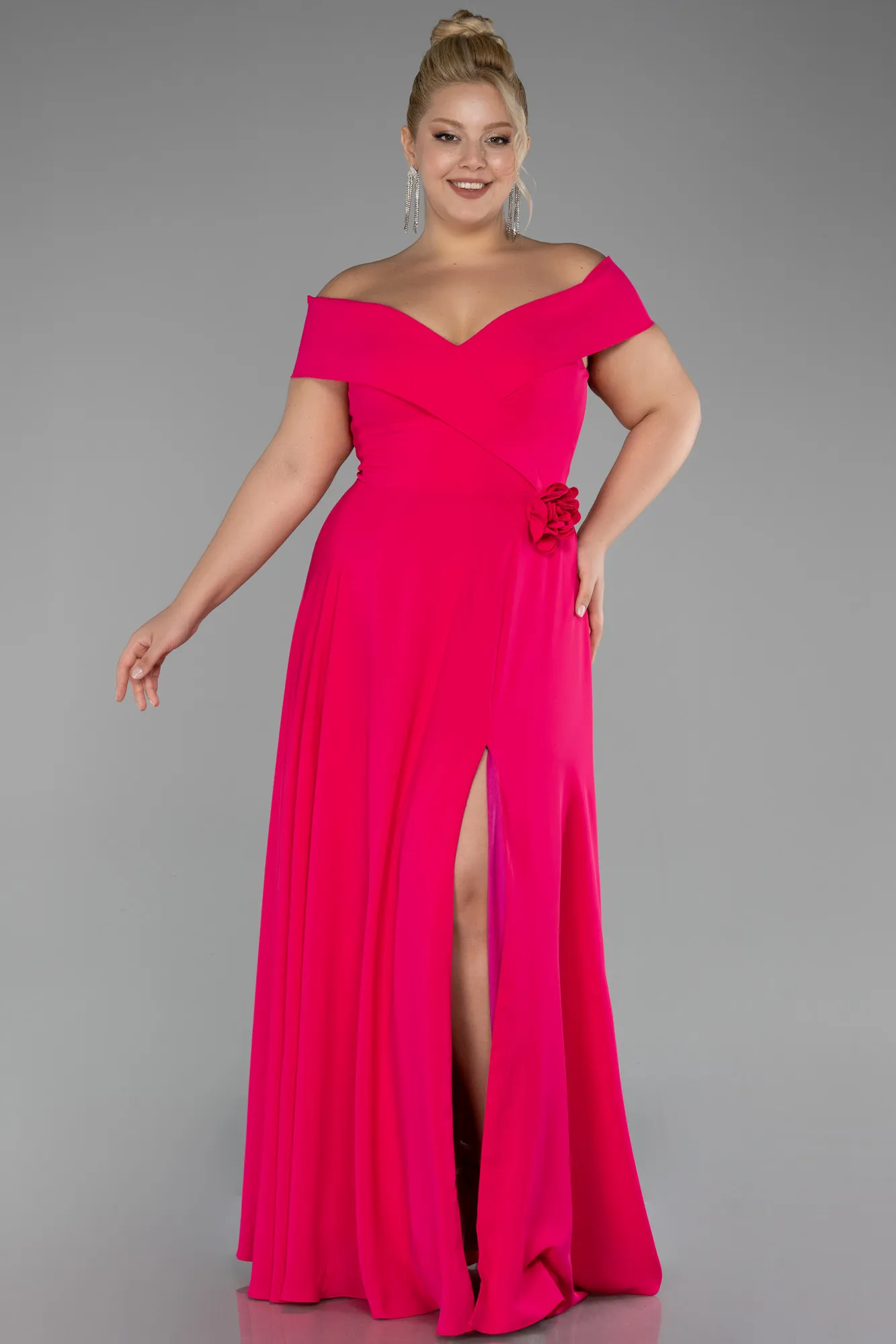 Fuchsia-Boat Neck Slit Long Chiffon Plus Size Prom Dress ABU4234