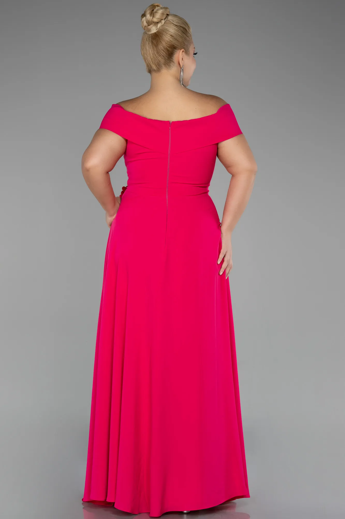 Fuchsia-Boat Neck Slit Long Chiffon Plus Size Prom Dress ABU4234