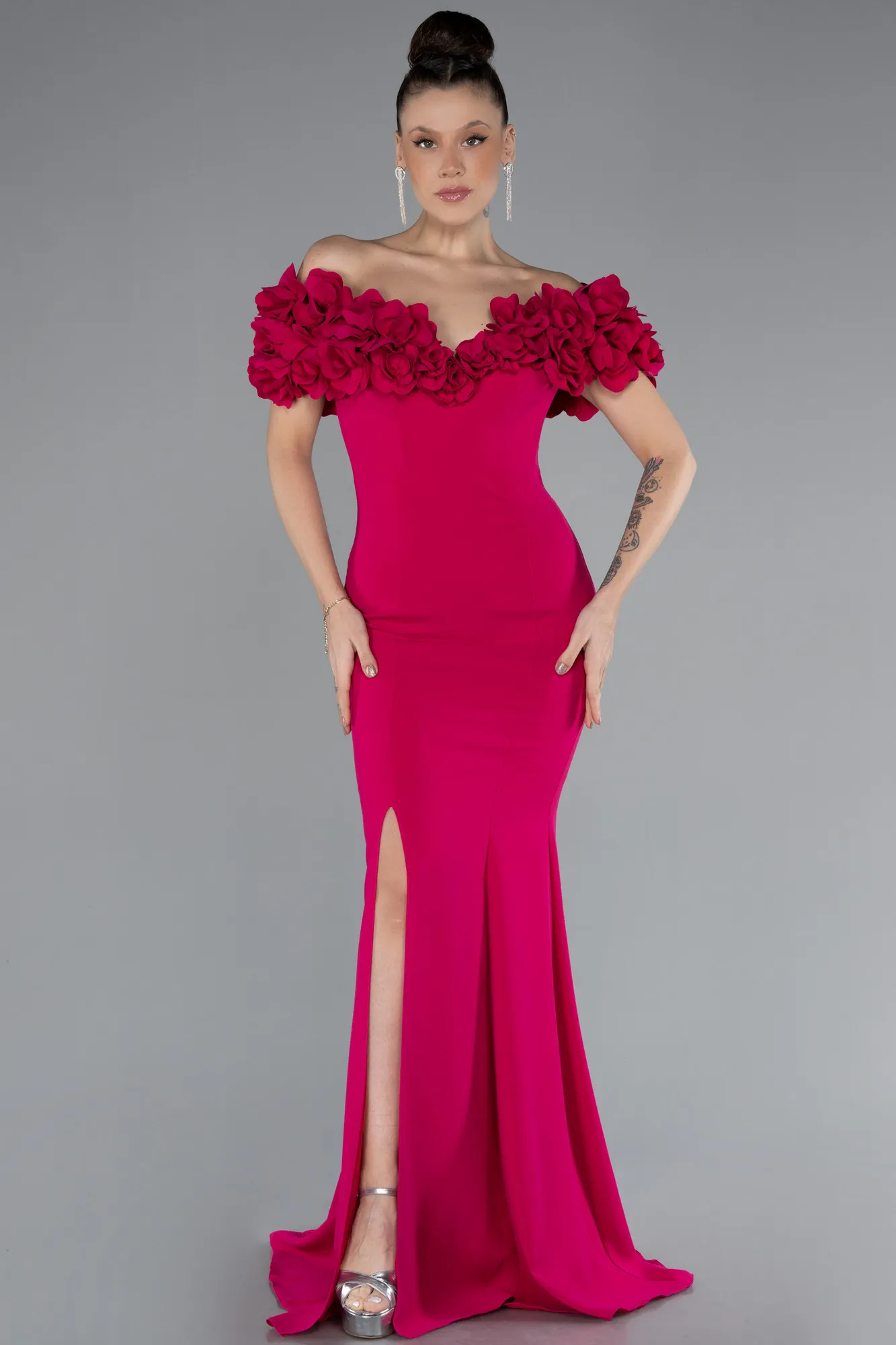 Fuchsia-Boat Neck Slit Long Evening Dress ABU4080