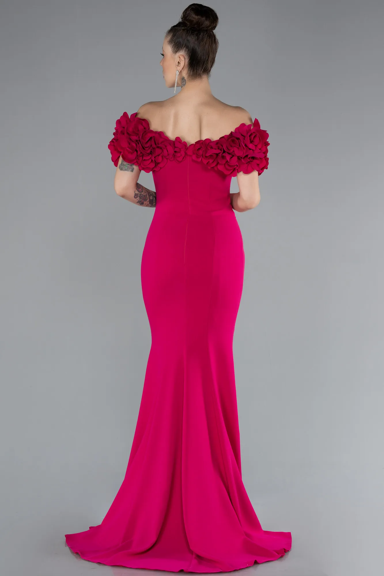 Fuchsia-Boat Neck Slit Long Evening Dress ABU4080