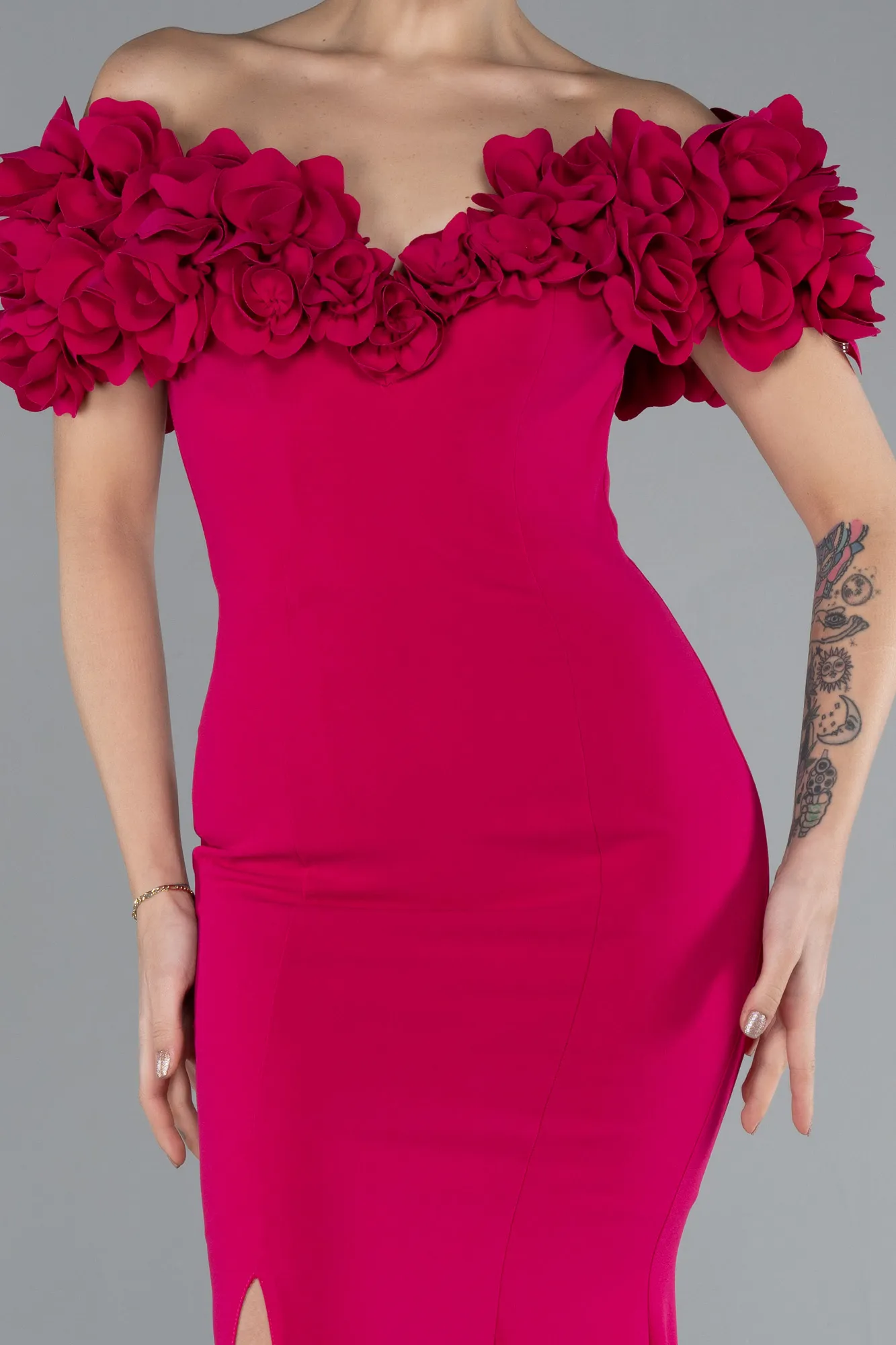 Fuchsia-Boat Neck Slit Long Evening Dress ABU4080