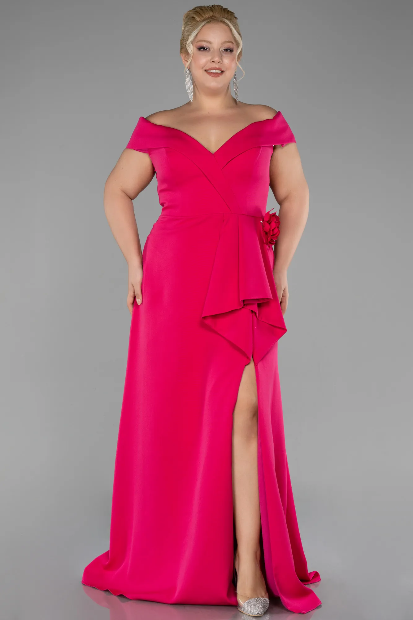 Fuchsia-Boat Neck Slit Long Plus Size Evening Dress ABU4200