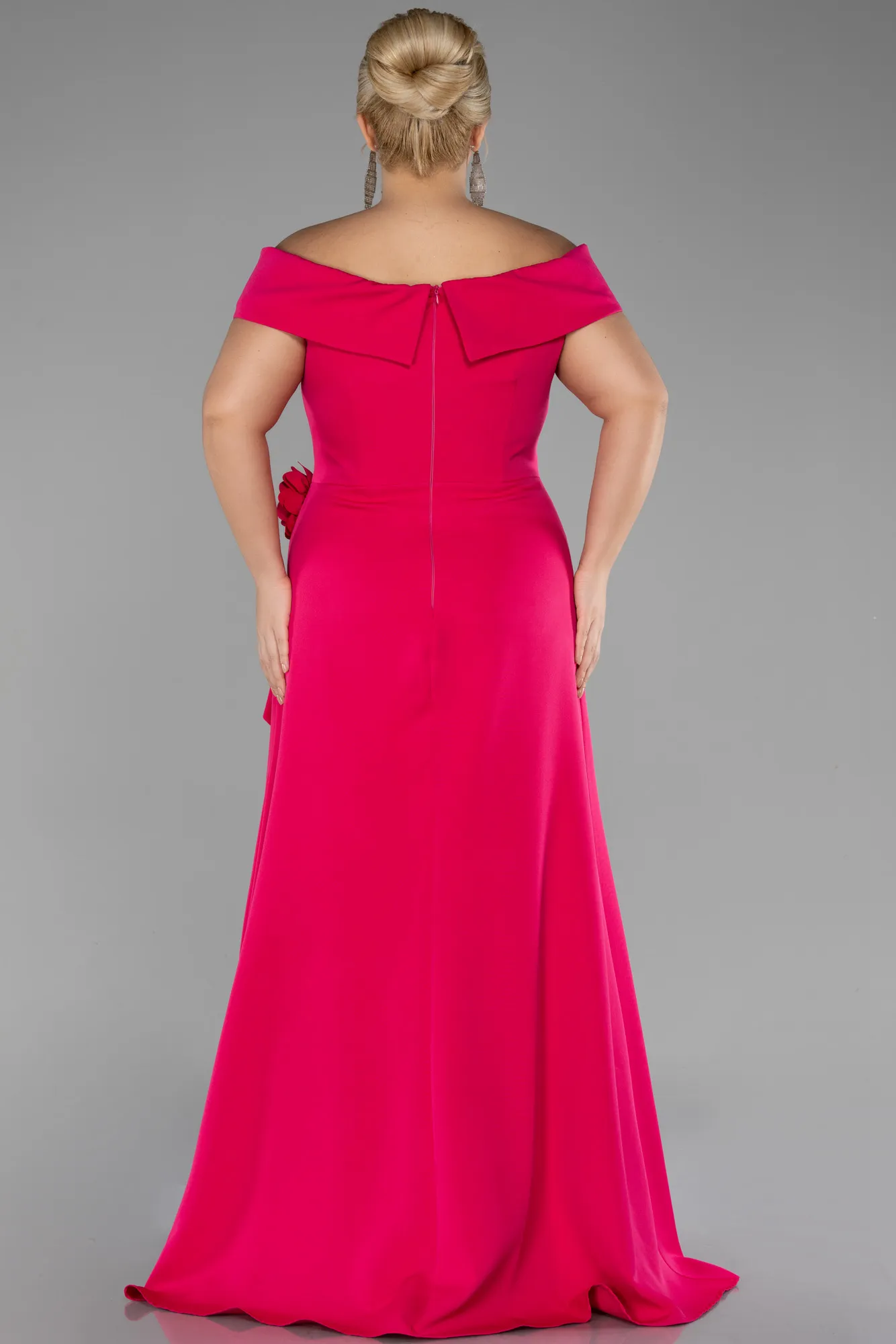 Fuchsia-Boat Neck Slit Long Plus Size Evening Dress ABU4200