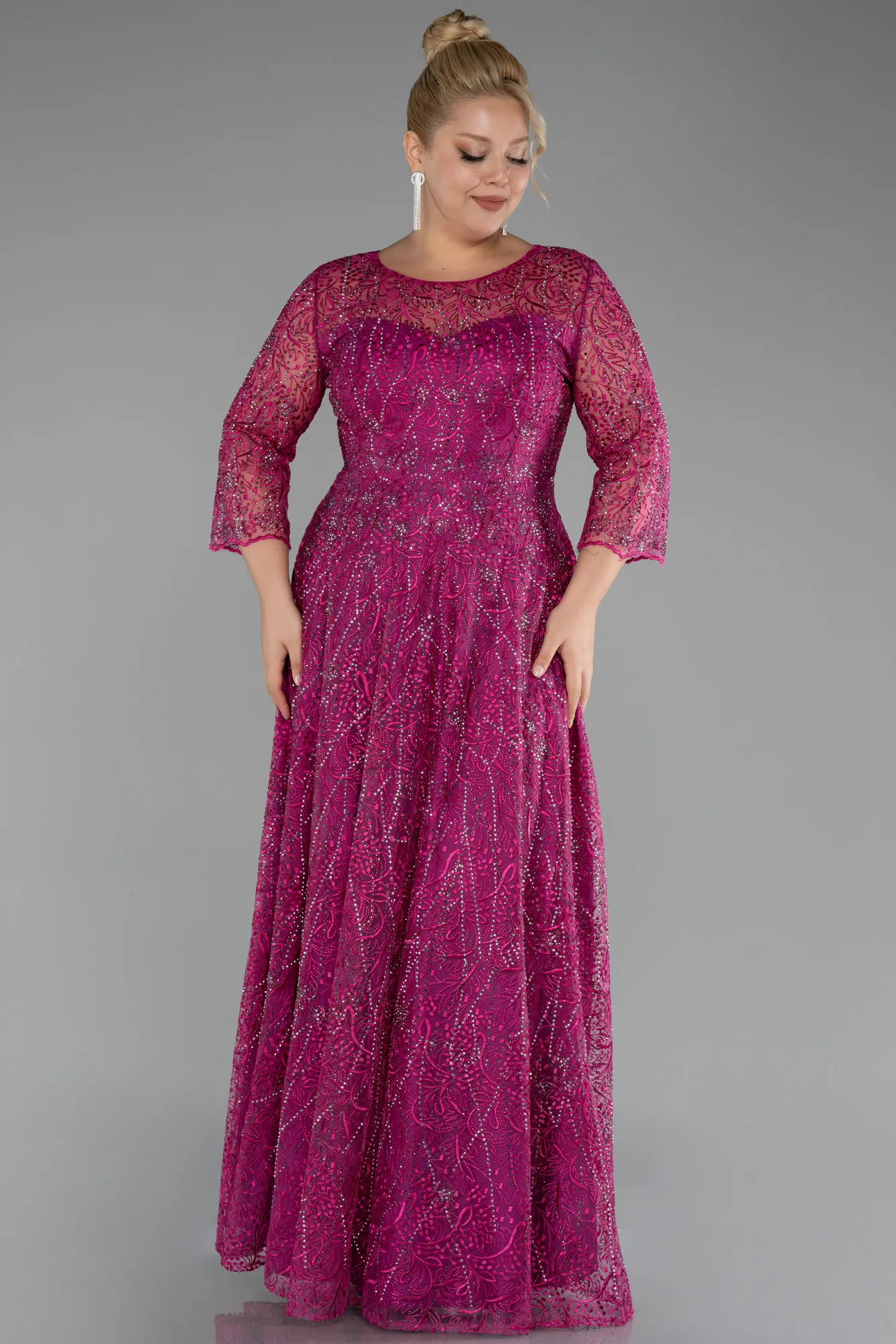 Fuchsia-Capri Sleeve Stone Long Guipure Plus Size Evening Dress ABU3929