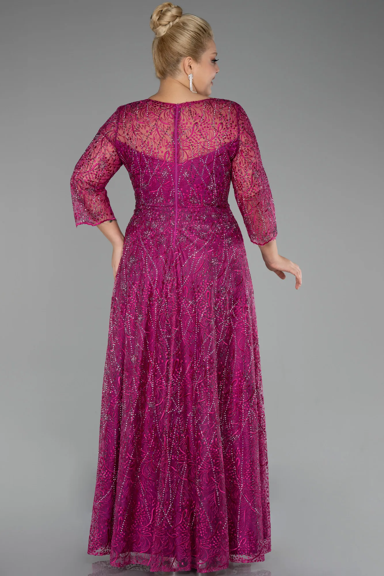 Fuchsia-Capri Sleeve Stone Long Guipure Plus Size Evening Dress ABU3929