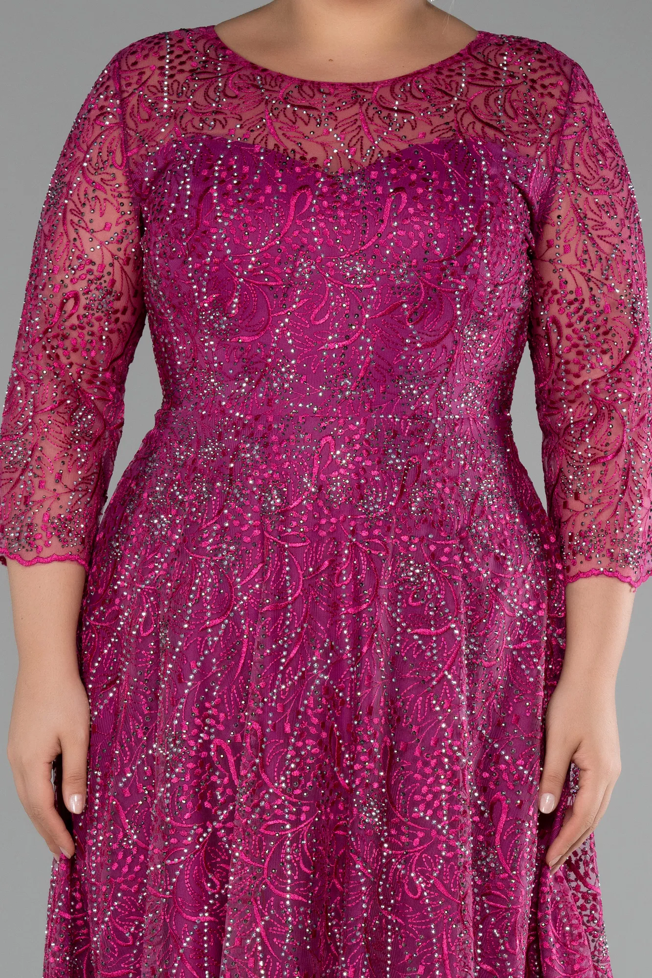 Fuchsia-Capri Sleeve Stone Long Guipure Plus Size Evening Dress ABU3929