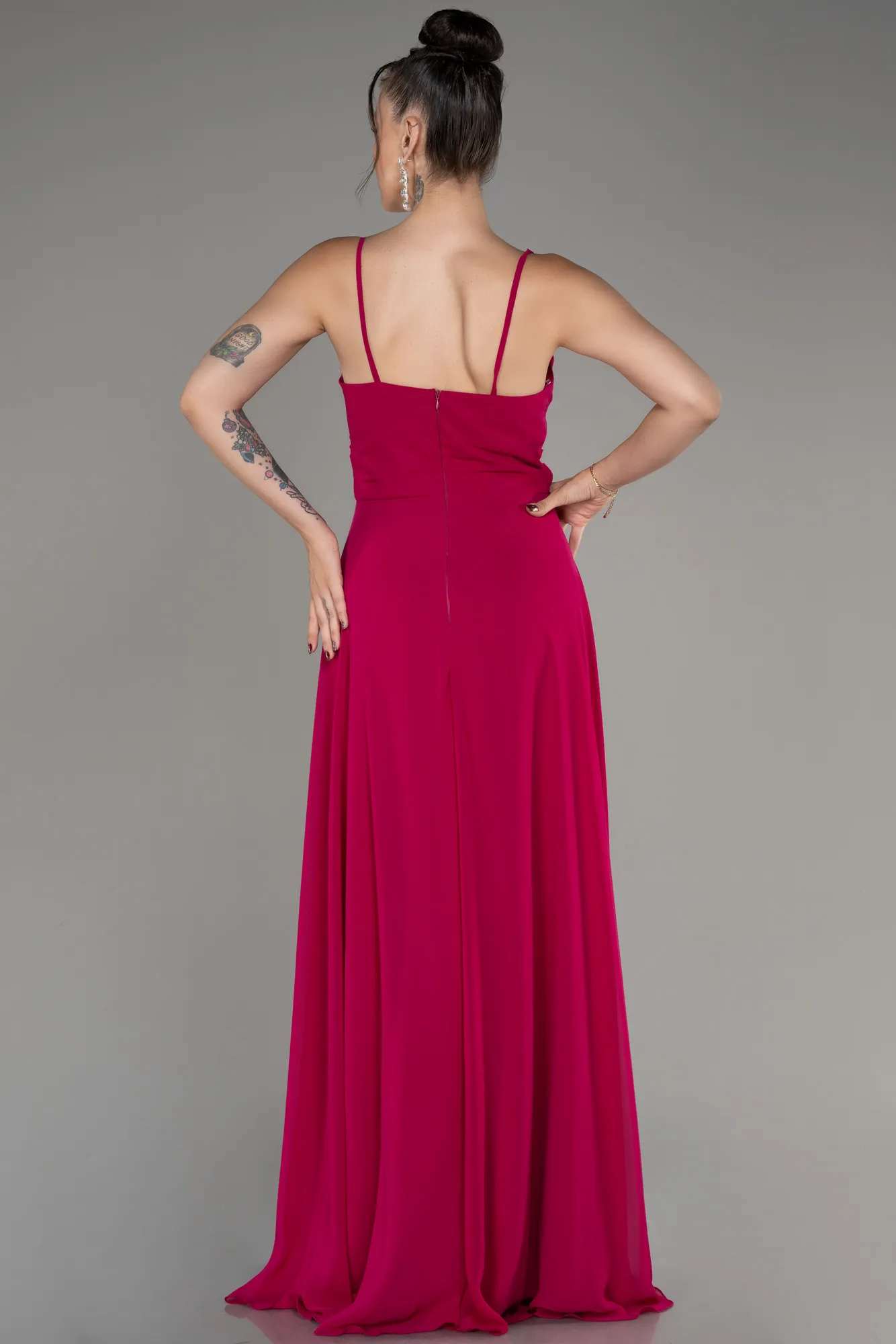 Fuchsia-Cowl Neck Long Chiffon Evening Dress ABU4041